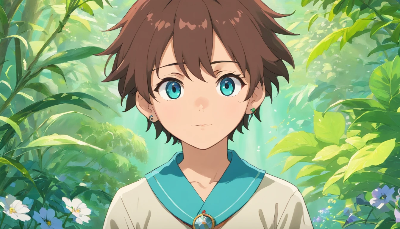 a boy wearing an anime collar, a long necklace and earrings, in the style of tranquil gardenscapes, colorful animation stills, masami teraoka, aquamarine, paul gauguin, Embry style, honest portrayal, character design sheet, different poses, different angles.