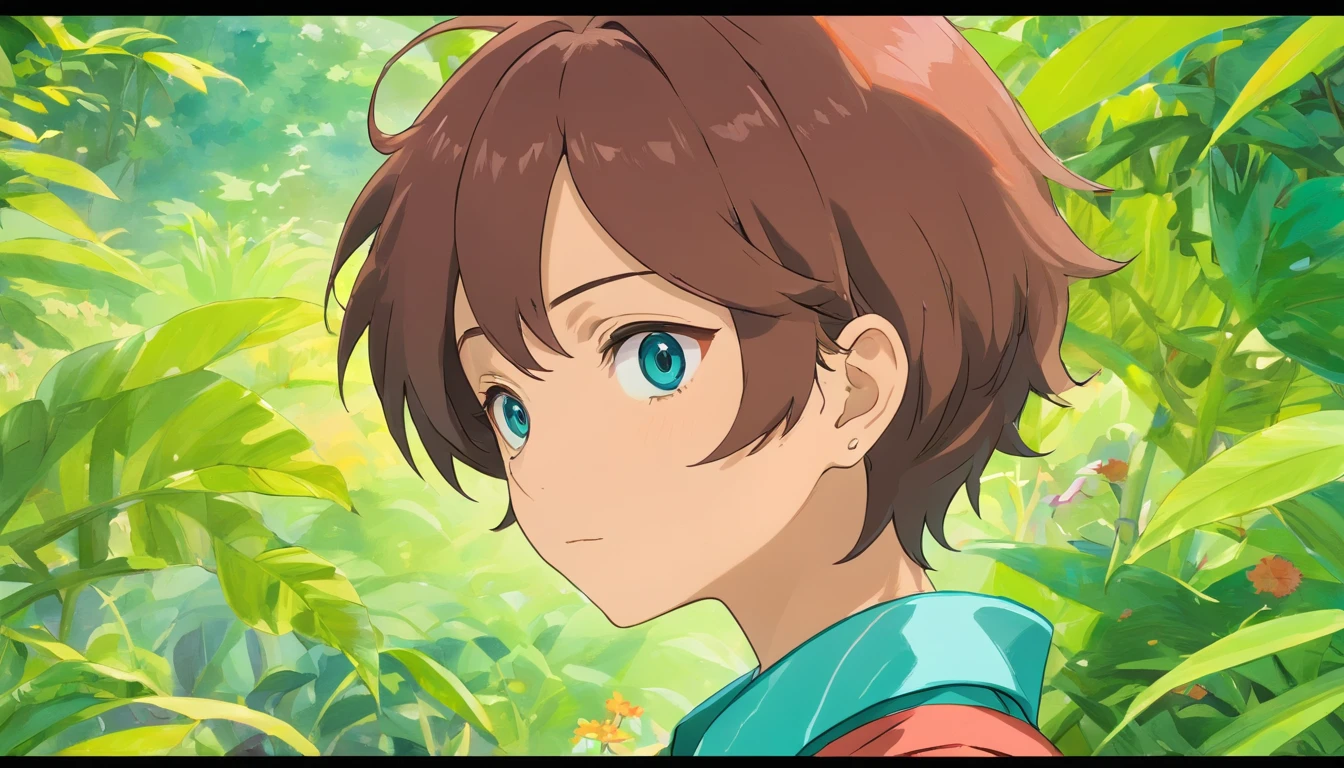 a boy wearing an anime collar, a long necklace and earrings, in the style of tranquil gardenscapes, colorful animation stills, masami teraoka, aquamarine, paul gauguin, Embry style, honest portrayal, character design sheet, different poses, different angles.