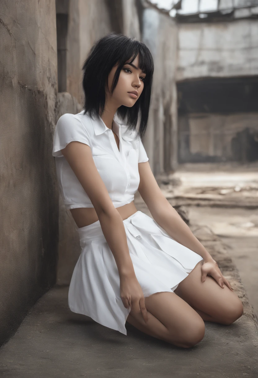 ((of the highest quality, 8K,Raw photo)), (Realistic, Photorealistic: 1.37), (Face Focus: 1.1), Small breasts, flat chest, Short hair, A Indian Lady、20yr old、indian idol system、(white short shirt: 1.1)、Mini Skirt, Sitting, Arms up, From below, Sunlight, Movie Lighting,