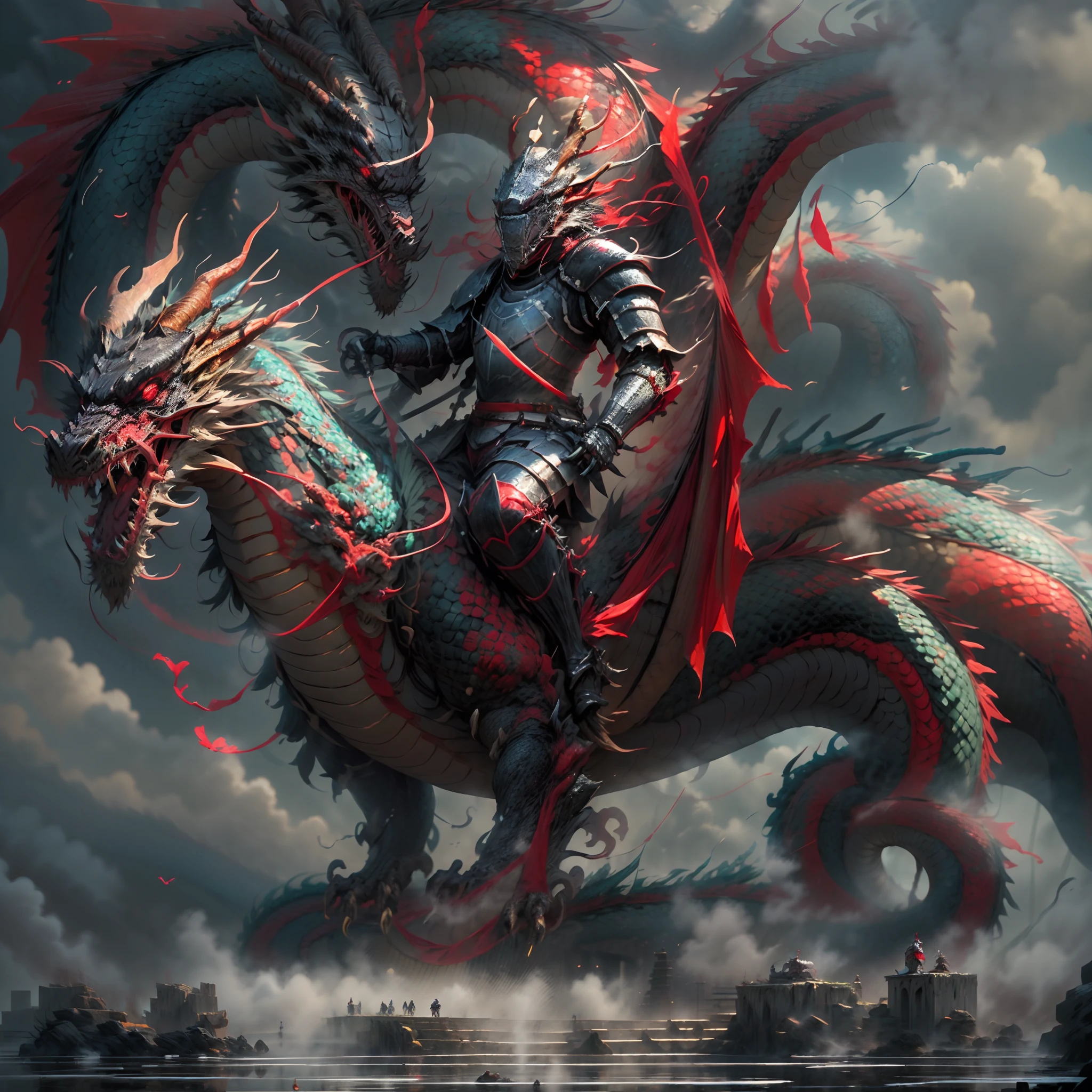(best quality,4K,8K,high-res,masterpiece:1.2),ultra-detailed,(realistic,photorealistic,photo-realistic:1.37),(a knight wearing black and red armor on top of a dragon:1.8),serpent,dragon head,blue divine dragon,Chinese dragon,long neck,tranquil expression,impressive scales,sharp claws,elegant mane,mounted on the dragon,knight,steel helmet,suit of armor,shiny armor,shield,flag,galloping dragon,misty clouds,ethereal atmosphere,sunlight beams,holy presence,harmonious setting,divine ambiance