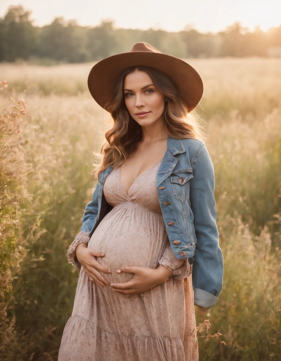 an up close photo of a pregnant woman dressed in bohemian-inspired fashion, wearing a flowy maxi dress with floral prints, layered with a denim jacket and accessorized with a floppy hat and vintage accessories. Her hair is styled in loose waves or natural curls. The setting is a sunlit park or meadow, with long grass and wildflowers,((short hair))