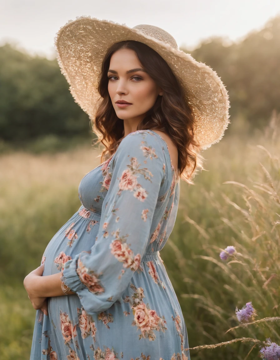 an up close photo of a pregnant woman dressed in bohemian-inspired fashion, wearing a flowy maxi dress with floral prints, layered with a denim jacket and accessorized with a floppy hat and vintage accessories. Her hair is styled in loose waves or natural curls. The setting is a sunlit park or meadow, with long grass and wildflowers,((golden short hair))