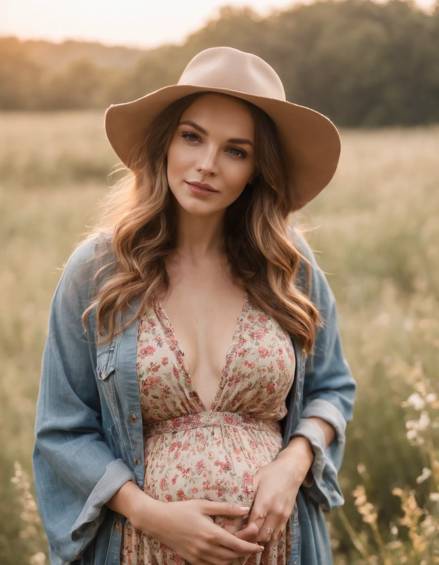 an up close photo of a pregnant woman dressed in bohemian-inspired fashion, wearing a flowy maxi dress with floral prints, layered with a denim jacket and accessorized with a floppy hat and vintage accessories. Her hair is styled in loose waves or natural curls. The setting is a sunlit park or meadow, with long grass and wildflowers,((short hair))