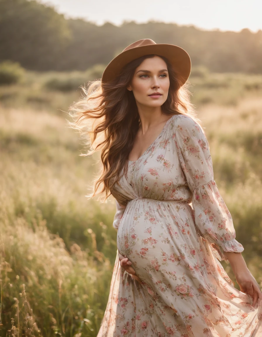 an up close photo of a pregnant woman dressed in bohemian-inspired fashion, wearing a flowy maxi dress with floral prints, layered with a denim jacket and accessorized with a floppy hat and vintage accessories. Her hair is styled in loose waves or natural curls. The setting is a sunlit park or meadow, with long grass and wildflowers,
