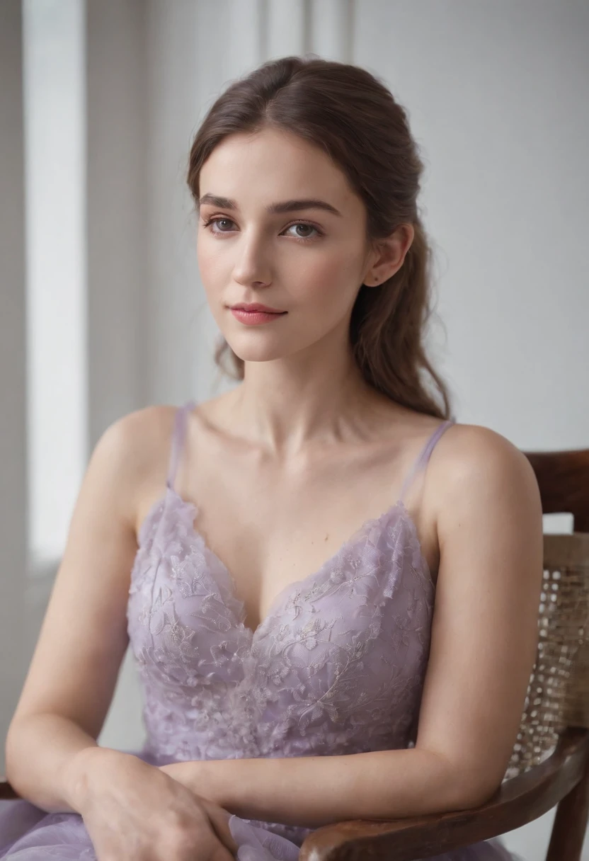 Young woman sitting on a chair ((upper-body)) in the style of light purple and light gray, Calm and meditative, The Barbizon School, exaggerated facial features, light brown and white, Happycore,