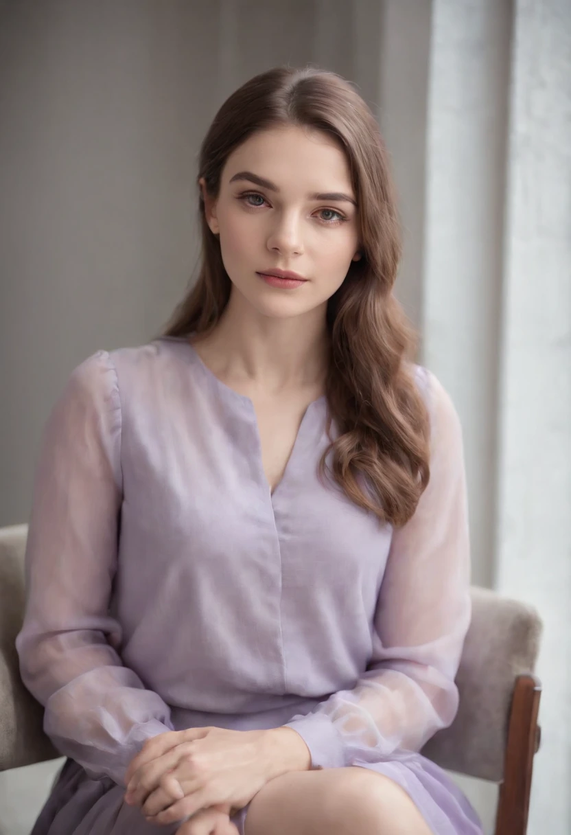 Young woman sitting on a chair ((upper-body)) in the style of light purple and light gray, Calm and meditative, The Barbizon School, exaggerated facial features, light brown and white, Happycore,