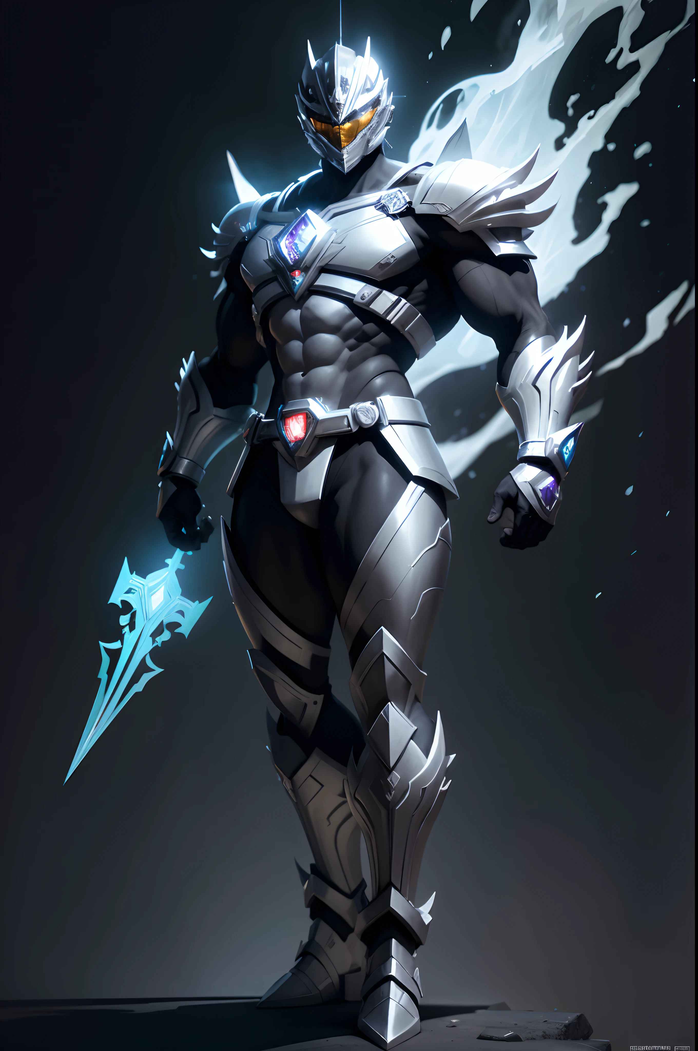 create a silver power ranger , full body , mythic , black background ,a bit ancient theme