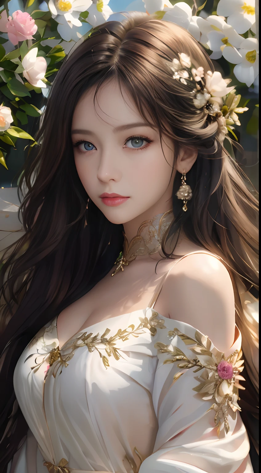 best qualtiy，tmasterpiece，A high resolution，1girll，Dingdall effect，realisticlying，edge lit，twotonelighting，（highdetailskin：1.2），8K  UHD，Pure，Sweet，Flower background，Colorful background，Based on physical rendering，Perfect light and shadow，extreme hight detail，Pink tones，Eye reflections，Raised sexy，perfect bodies，Superb beauty，largeeyes，long eyelasher，Delicate eyes，large shiny eyes，Minor pupillary reflexes，Shoulder and neck details，The pupil texture is delicate，Perfect eyes，Black pupils，best qualtiy，tmasterpiece，16k，A picture，head portrait，Bigchest，longer sleeves，Take care of your chest，Large breasts，Delicate avatar