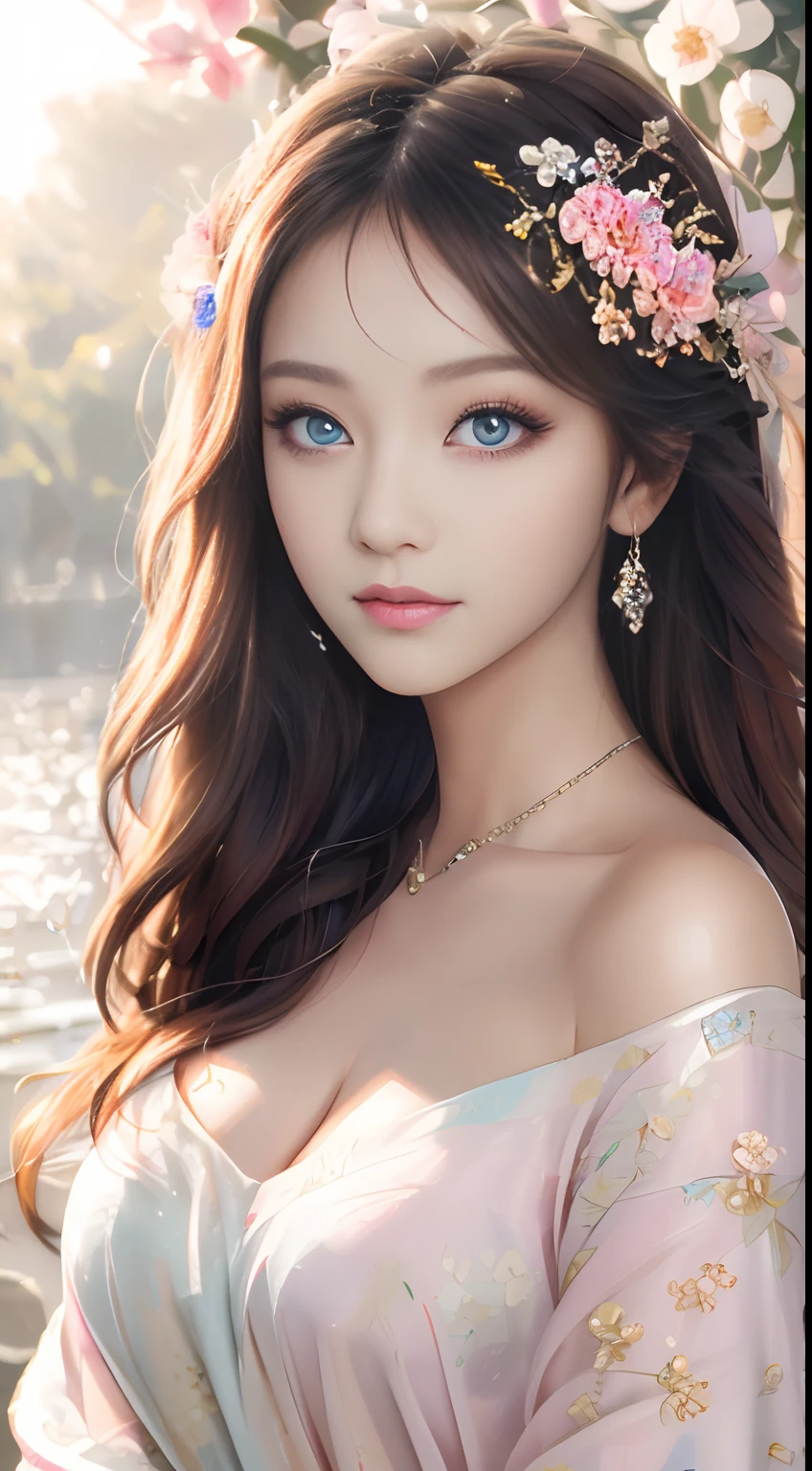 best qualtiy,tmasterpiece,A high resolution,1girll,Dingdall effect,realisticlying,edge lit,twotonelighting,(highdetailskin:1.2),8K UHD,Pure,Sweet,Flower background,Colorful background,Based on physical rendering,Perfect light and shadow,extreme hight detail,Pink tones,Eye reflections,Raised sexy,perfect bodies,Superb beauty,largeeyes,long eyelasher,Delicate eyes,large shiny eyes,Minor pupillary reflexes,Shoulder and neck details,The pupil texture is delicate,Perfect eyes,Black pupils,best qualtiy,tmasterpiece,16k,A picture,head portrait,Bigchest,longer sleeves,Take care of your chest,Large breasts,Delicate avatar