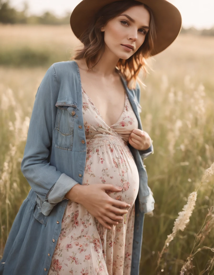 an up close photo of a pregnant woman dressed in bohemian-inspired fashion,((short hair)), wearing a flowy maxi dress with floral prints, layered with a denim jacket and accessorized with a floppy hat and vintage accessories. Her hair is styled in loose waves or natural curls. The setting is a sunlit park or meadow, with long grass and wildflowers