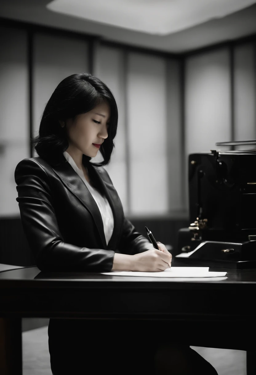 Wearing black leather gloves in both hands, upper body, black business suit, facing the desk in the modern study in the dark, looking down, smiling, writing a letter using a fountain pen, long, straight black hair, young and cute face Japanese female new employee (black leather gloves cover both hands)