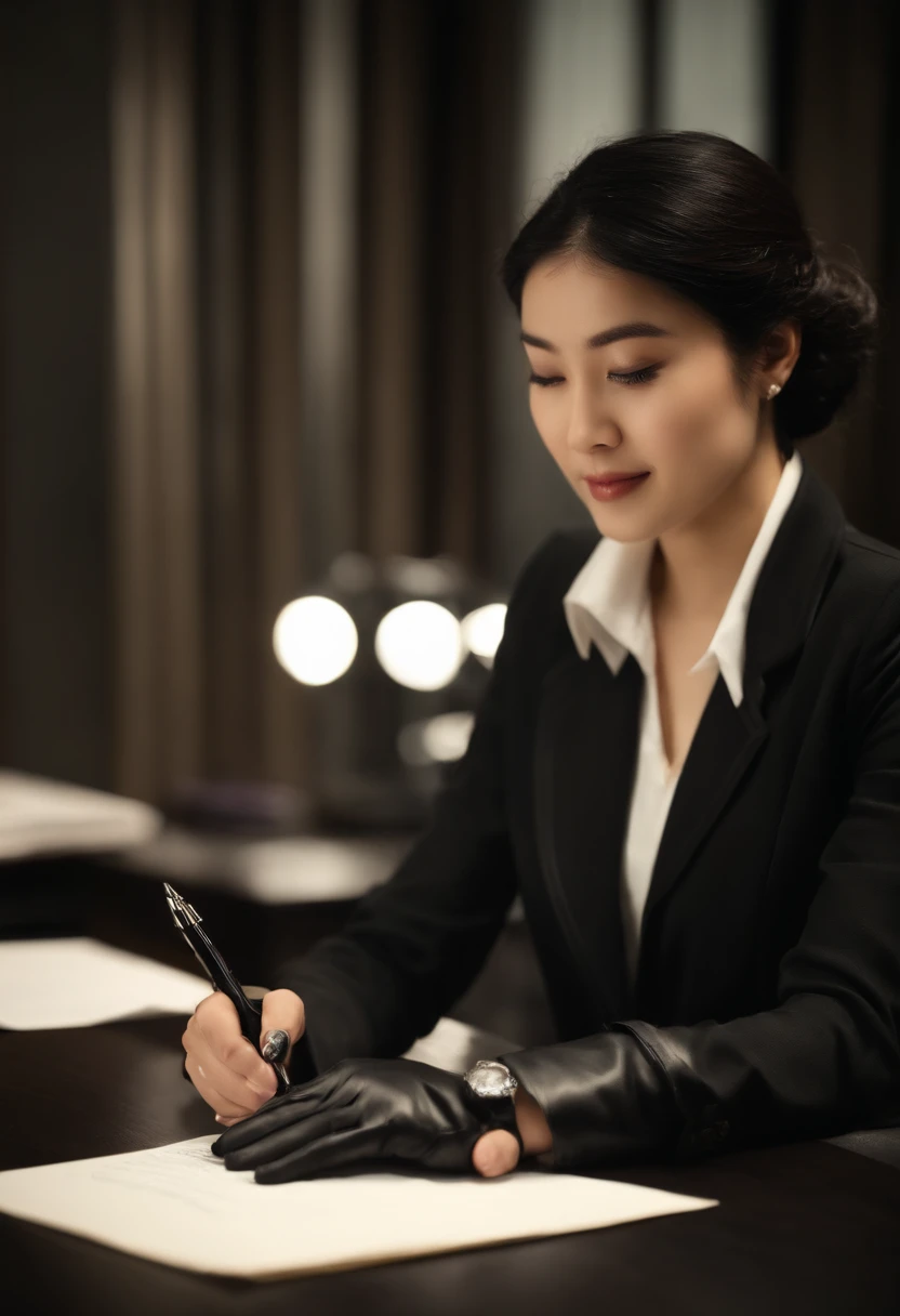 Wearing black leather gloves in both hands, upper body, black business suit, facing the desk in the modern study in the dark, looking down, smiling, writing a letter using a fountain pen, long, straight black hair, young and cute face Japanese female new employee (black leather gloves cover both hands)