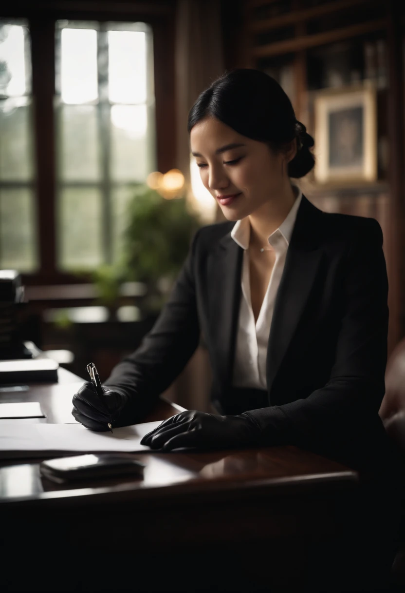 Wearing black leather gloves in both hands, upper body, black business suit, facing the desk in the modern study in the dark, looking down, smiling, writing a letter using a fountain pen, long, straight black hair, young and cute face Japanese female new employee (black leather gloves cover both hands)