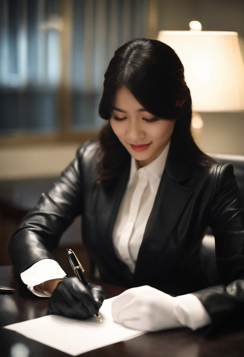 Wearing black leather gloves in both hands, upper body, black business suit, facing the desk in the modern study in the dark, looking down, smiling, writing a letter using a fountain pen, long, straight black hair, young and cute face Japanese female new employee (black leather gloves cover both hands)