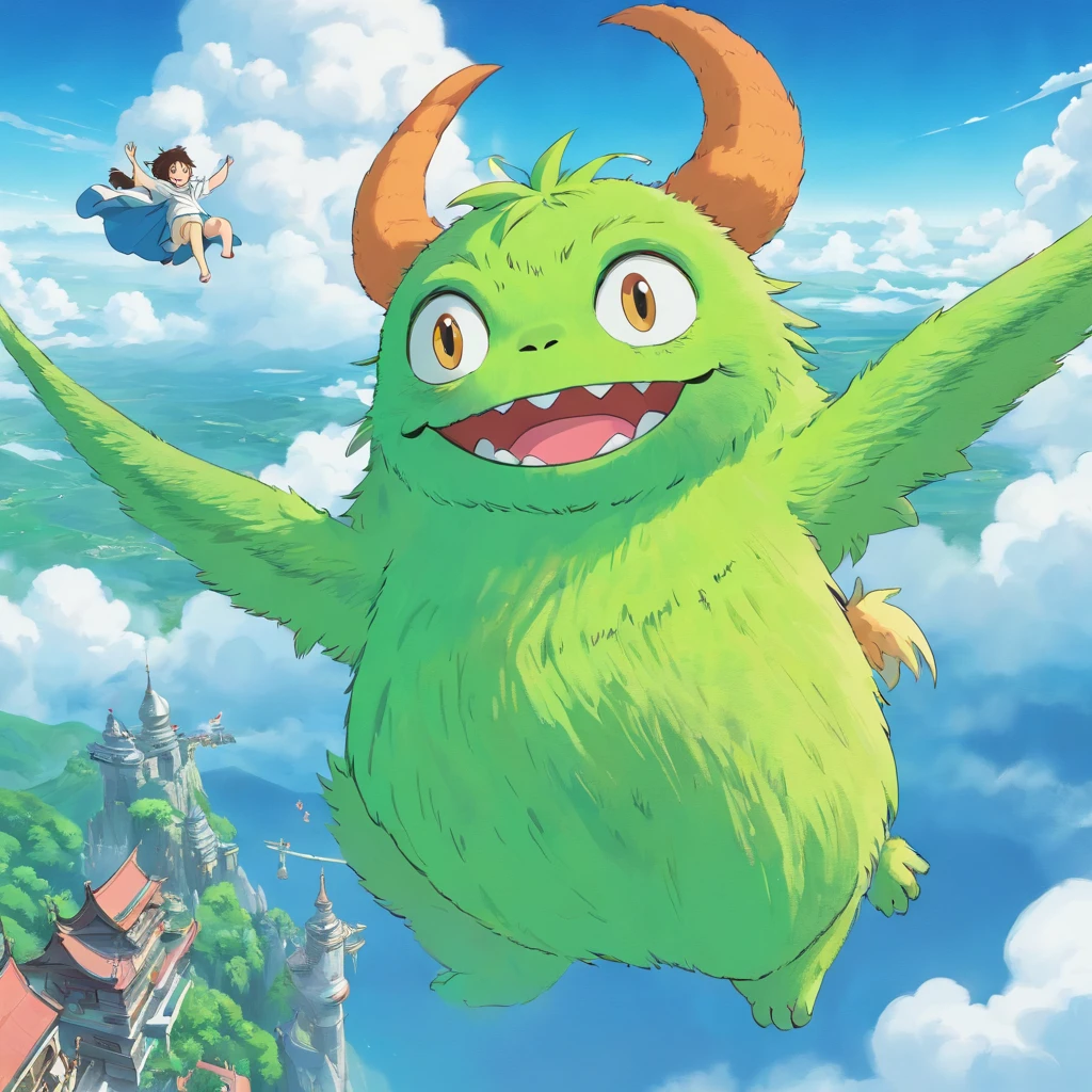 Ghiblis Towel Monster、Cute Monster、Green body、hairy、Flying in the sky、Fantastic background、Godlike beings in the Ghibli world、