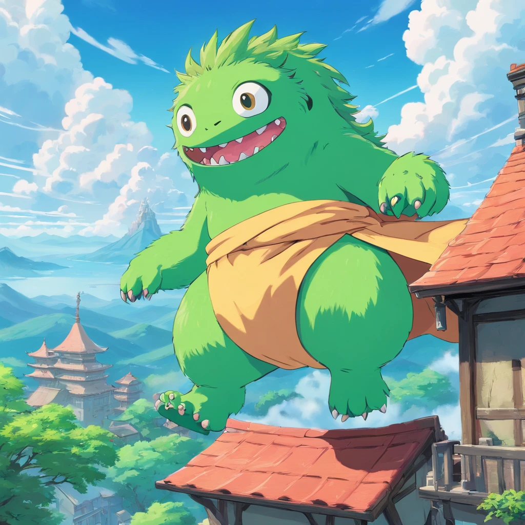 Ghiblis Towel Monster、Cute Monster、Green body、hairy、Flying in the sky、Fantastic background、Godlike beings in the Ghibli world、