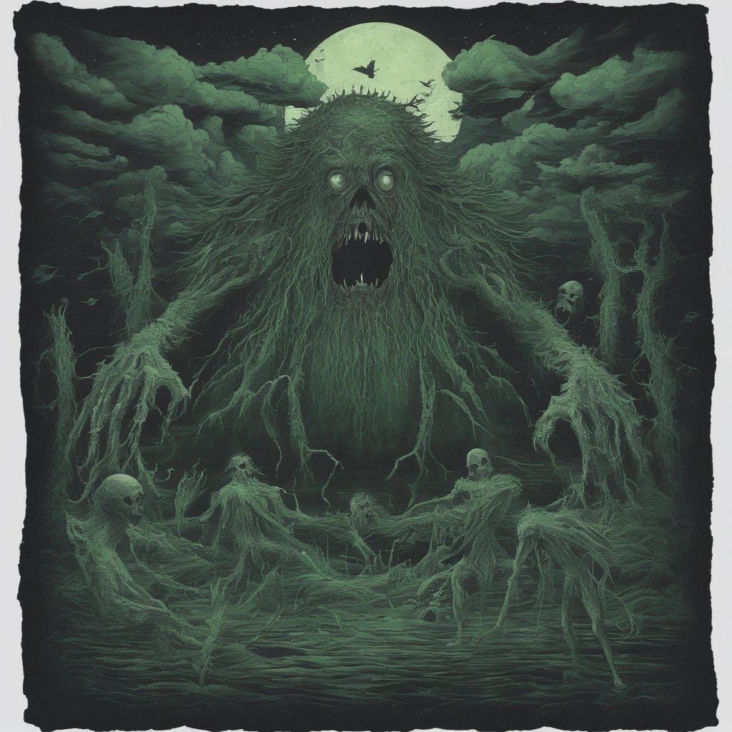 Ghiblis Towel Monster、Cute Monster、Green body、hairy、Flying in the sky、Fantastic background、Godlike beings in the Ghibli world、