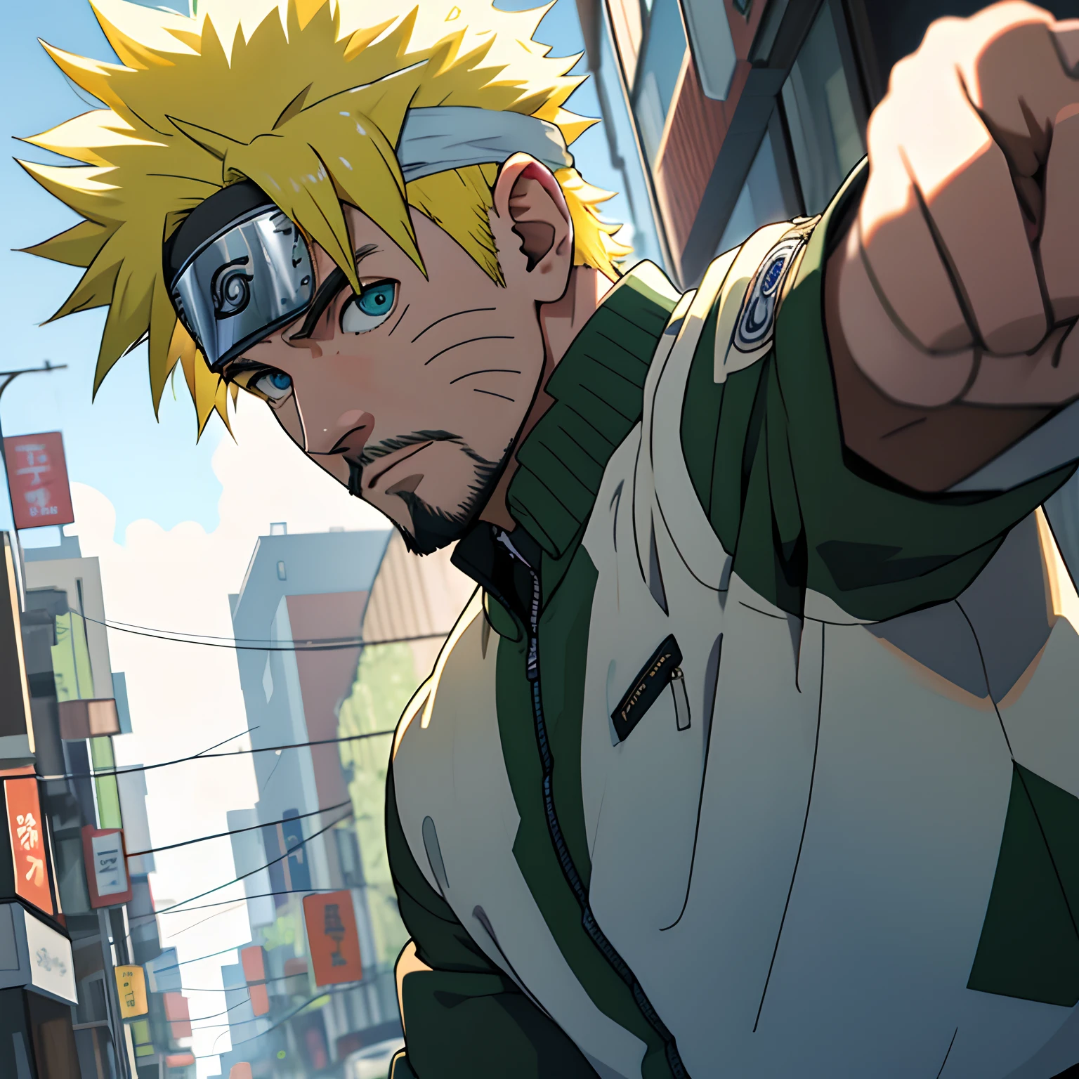 best qualtiy, tmasterpiece, 超高分辨率, detailedbackground, photorealestic, illustratio, Single, 1 boy, Young, Handsome, Mature man, sbeard, swat, the street, musculature, Facial hair, Volumetriclighting, depth of fields, (Green camouflage uniform), Uzumaki Naruto, short yellow hair, blue eyes