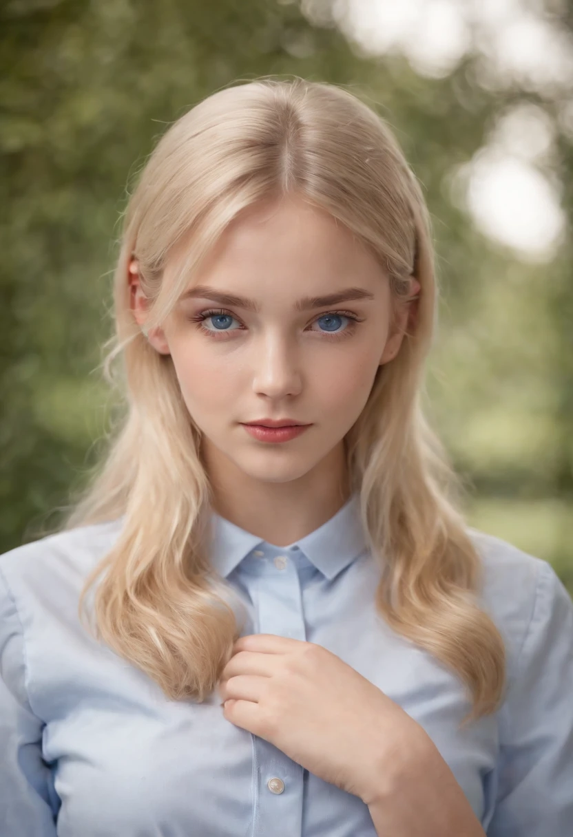 1 girl, hyperrealistic, school girl, uniform,20 years old, very beatifull,School uniform blue eyes, blonde hair, backround flue, 8k, touching legs,  teen,cowboy shot