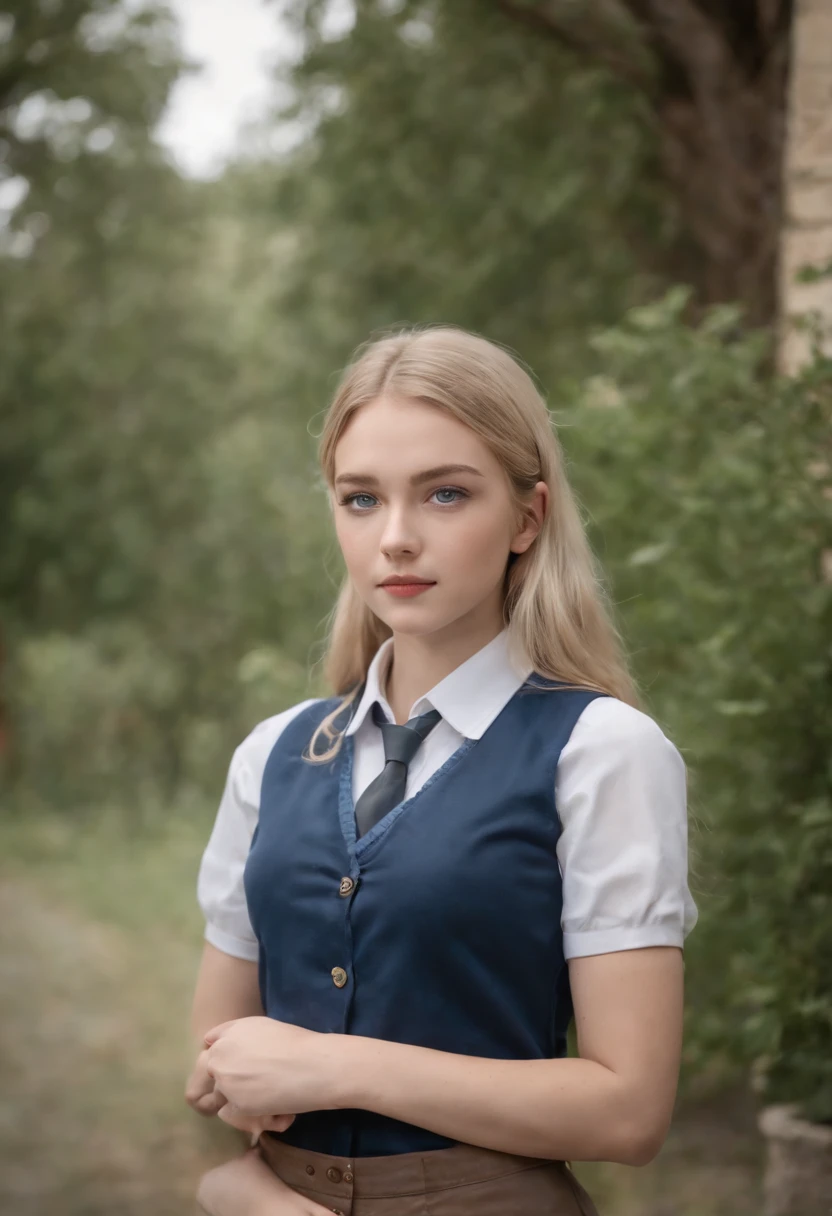 1 girl, hyperrealistic, school girl, uniform,20 years old, very beatifull,School uniform blue eyes, blonde hair, backround flue, 8k, touching legs, ,cowboy shot