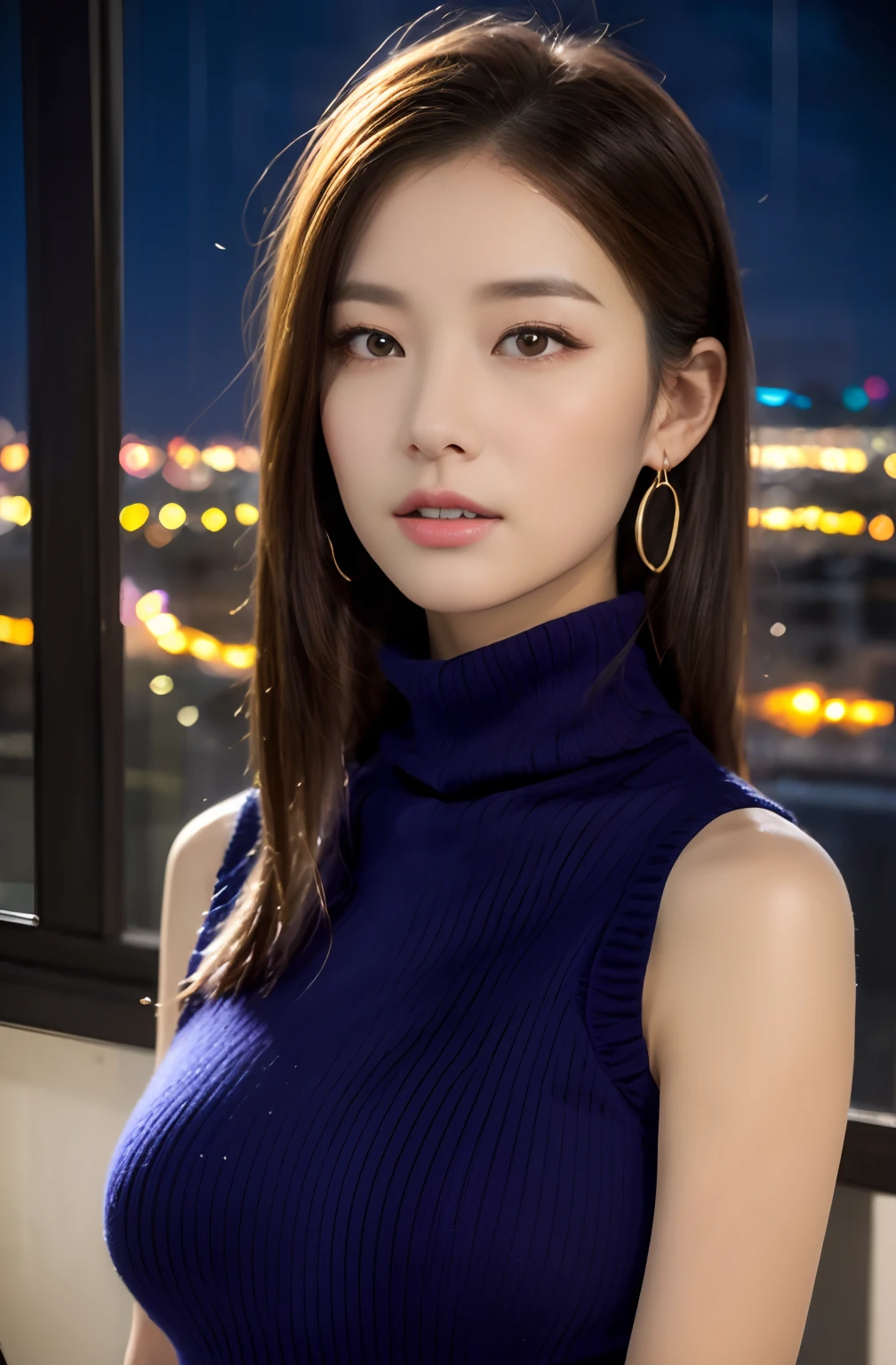 (((Violet Sleeveless Turtleneck Knitted Dress:1.2)))、(Innocent and classy girl)、(cowboy shot:1.2)、(focus on face and breasts)、Colossal tits、(Office by the window:1.2)、(((night view at night:1.4)))、From above、(Layered Hair Style、brown haired、Medium Long Hair)、Highly detailed facial and skin texture、A detailed eye、二重まぶた、pale cheeks、 shiny little necklace and earrings、shiny lip:1.4、fair white skin:1.2、