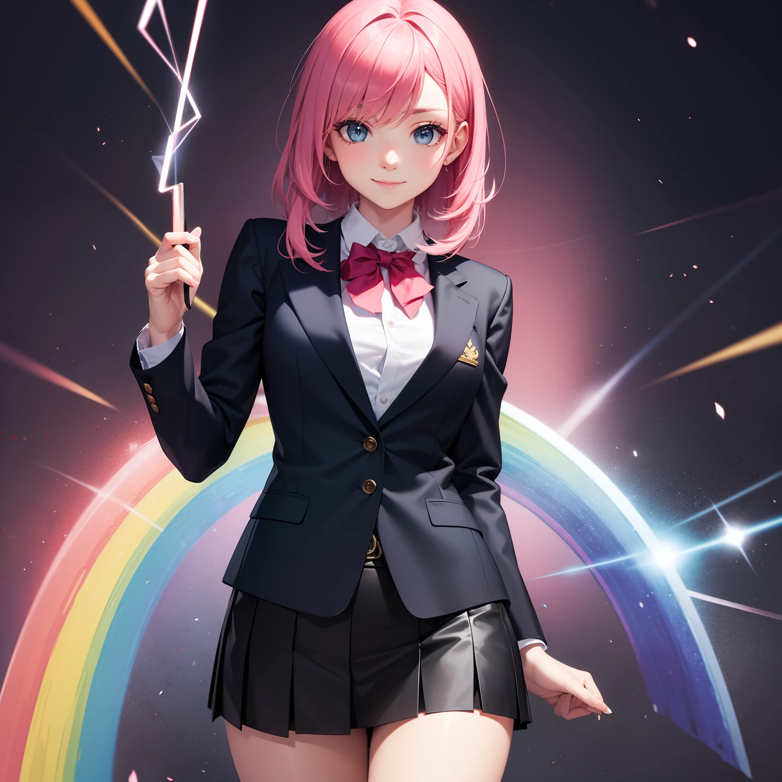 full body Esbian, masutepiece: 1.2, Highest Quality), (Live-action, elaborate details), (1 Lady, Solo, Upper body,) Clothing: Edgy, Navy Blazer, pink miniskirt, High School Uniform , Avant-garde, Experimental appearance: Long pink hair Location: School, crass room, Solo, Nice smile, spark of light, rainbows、brilliance、Value Creation in Mixed Media Art: individuality, authenticity, Creative expression