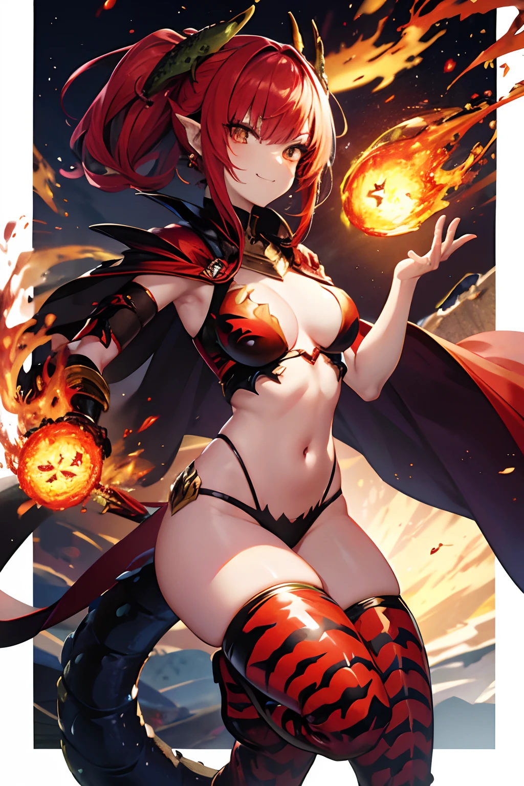 Monster girl, salamander girl, red scales, fire, warrior, smug