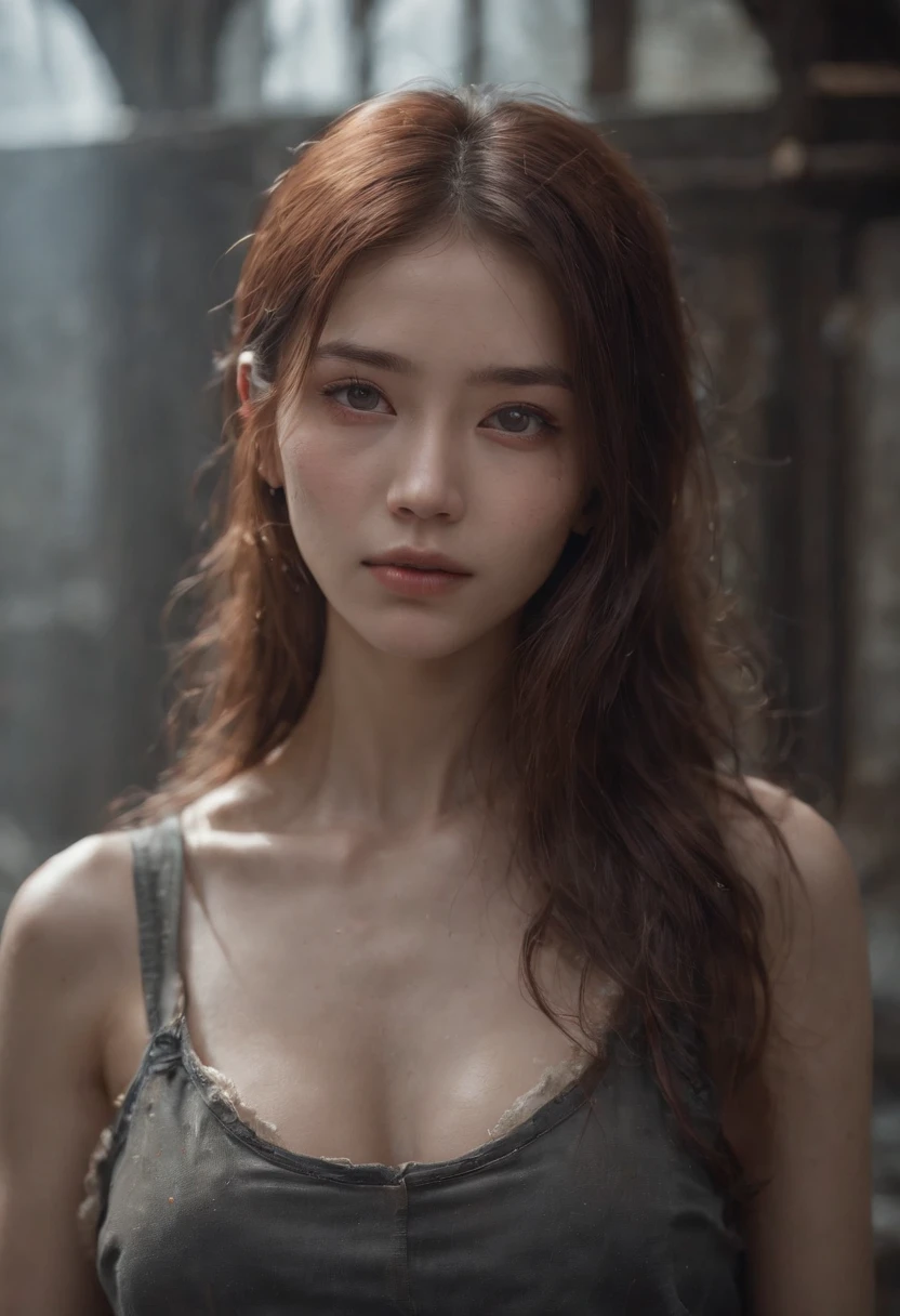 A breathtakingly beautiful girl, Radiant and charming eyes, Cold and intense, Long flowing hair, Sweaty body, Post-apocalyptic punk shirt, Short shorts, boot, Ultra photo realsisim, Realistic, best quality real texture skin, movie atmosphere, Tattered clothes, (Post-apocalyptic punk, Post-apocalyptic fiction), A post-apocalyptic world where buildings collapse, (blood stain), The art of Rei Kurahashi, Haunting and solemn, A beam of light shines through, Illuminate the gloomy environment, (Best quality, Masterpiece, Depth of field, Full-HD, 4K, Richness of detail), Portrait style,Upper body