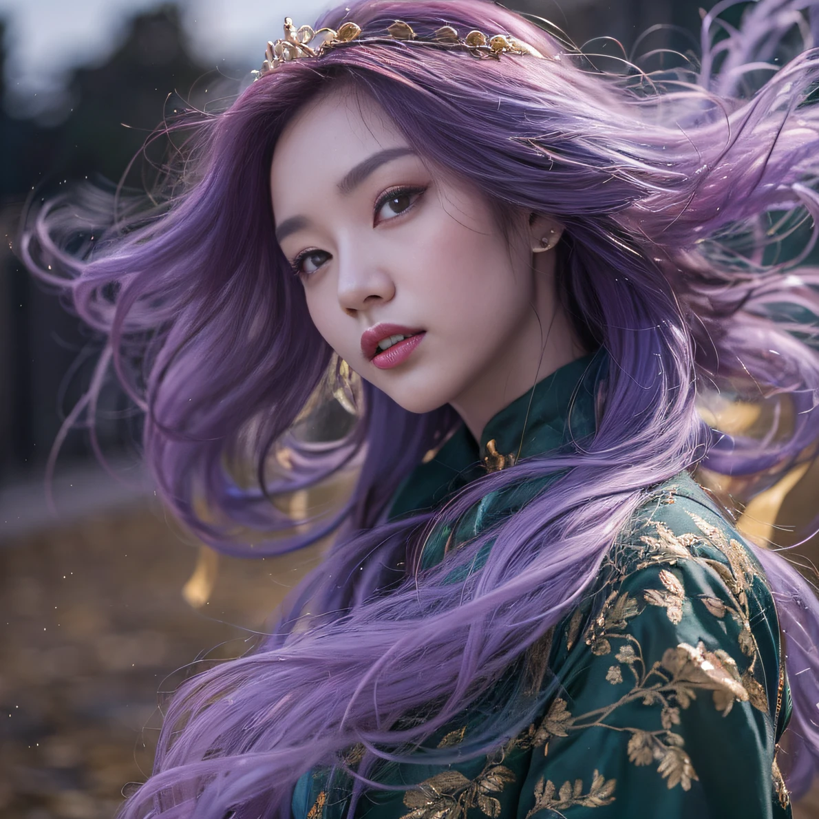 Genki Girl 32K(tmasterpiece,k hd,hyper HD,32K)Long flowing bright purple hair,Autumn Pond,zydink, a color, Asian people (Genki girl), (Silk scarf), Combat posture, looking at the ground, long whitr hair, Floating bright purple, Fire cloud pattern gold tiara, Chinese long-sleeved gold silk garment, (Abstract metaverse splash:1.2), white backgrounid,Lotus vitality protector(realisticlying:1.4),Bright purple hair,Smoke on the road,The background is pure, A high resolution, the detail, RAW photogr, Sharp Re, Nikon D850 Film Stock Photo by Jefferies Lee 4 Kodak Portra 400 Camera F1.6 shots, Rich colors, ultra-realistic vivid textures, Dramatic lighting, Unreal Engine Art Station Trend, cinestir 800,A girl with long flowing bright purple hair