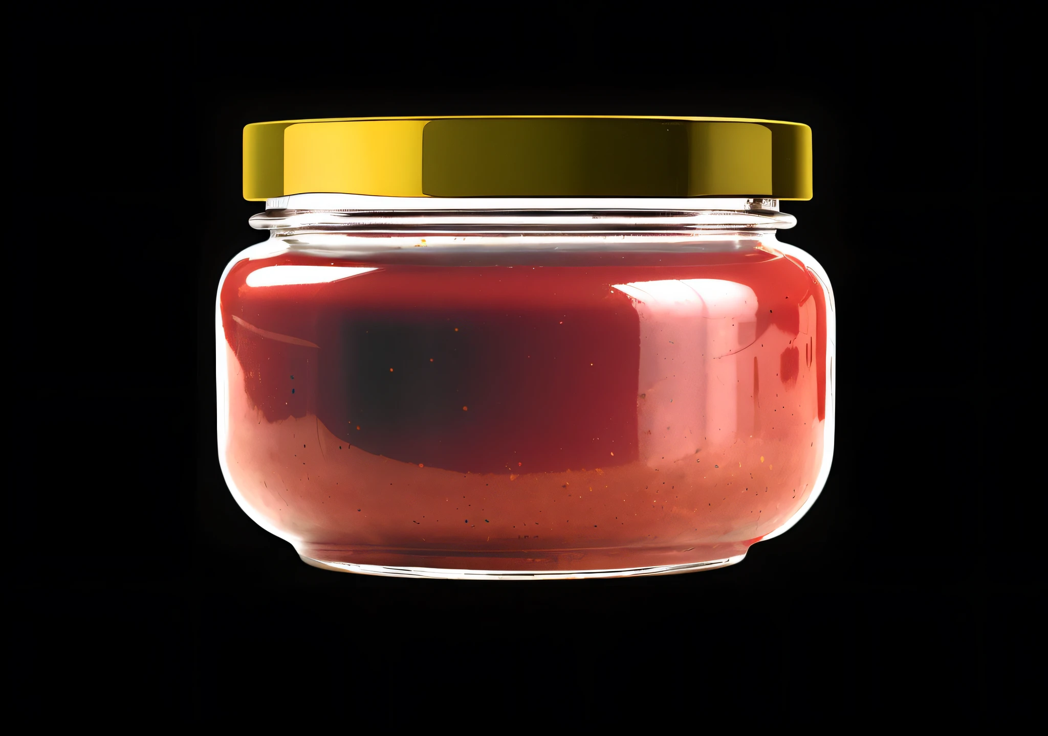 Short glass jars that are dwarf,There is sauce inside,Angular and rounded,Front view,Same as reference image,deep dark background,high qulity,4k,There was a jar of jam,Gold cover on black background, Sauce, jars, high quality topical render, red caviar instead of sand, Gray tomato sauce, inside a glass jar, Glass Kan, jar on a shelf, on black background, red realistic 3 d render, author:Juan O'Gorman, ketchup, A digital rendering,Product renderings,Remove unnecessary details,HD without impurities