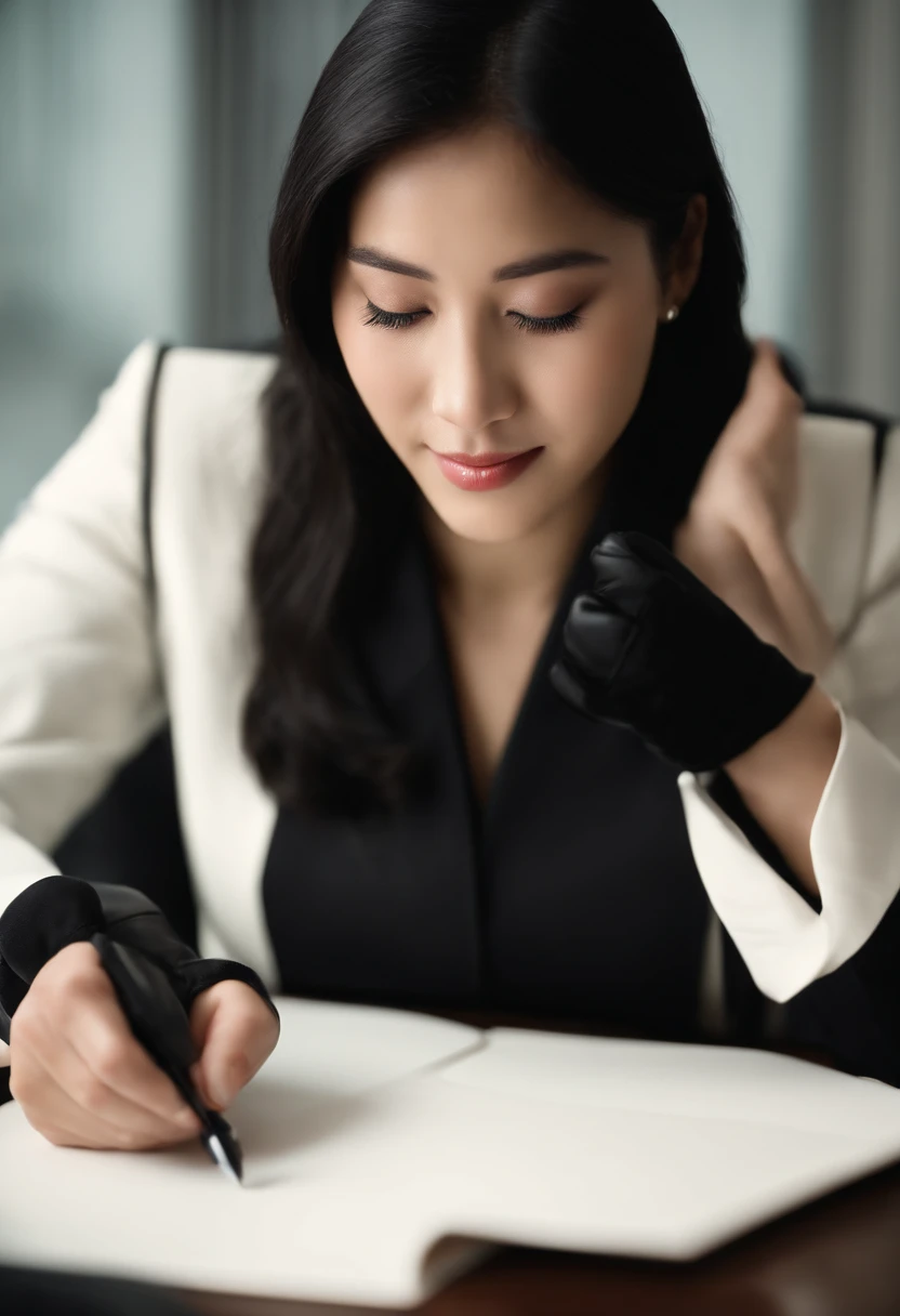 Wearing black leather gloves in both hands, upper body, black business suit, facing the desk in the modern study in the dark, looking down, smiling, writing a letter using a fountain pen, long, straight black hair, young and cute face Japanese female new employee (black leather gloves cover both hands)