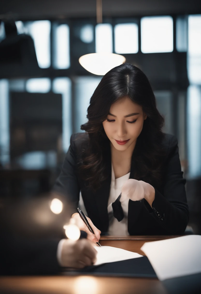 Wearing black leather gloves in both hands, upper body, black business suit, facing the desk in the modern study in the dark, looking down, smiling, writing a letter using a fountain pen, long, straight black hair, young and cute face Japanese female new employee (black leather gloves cover both hands)