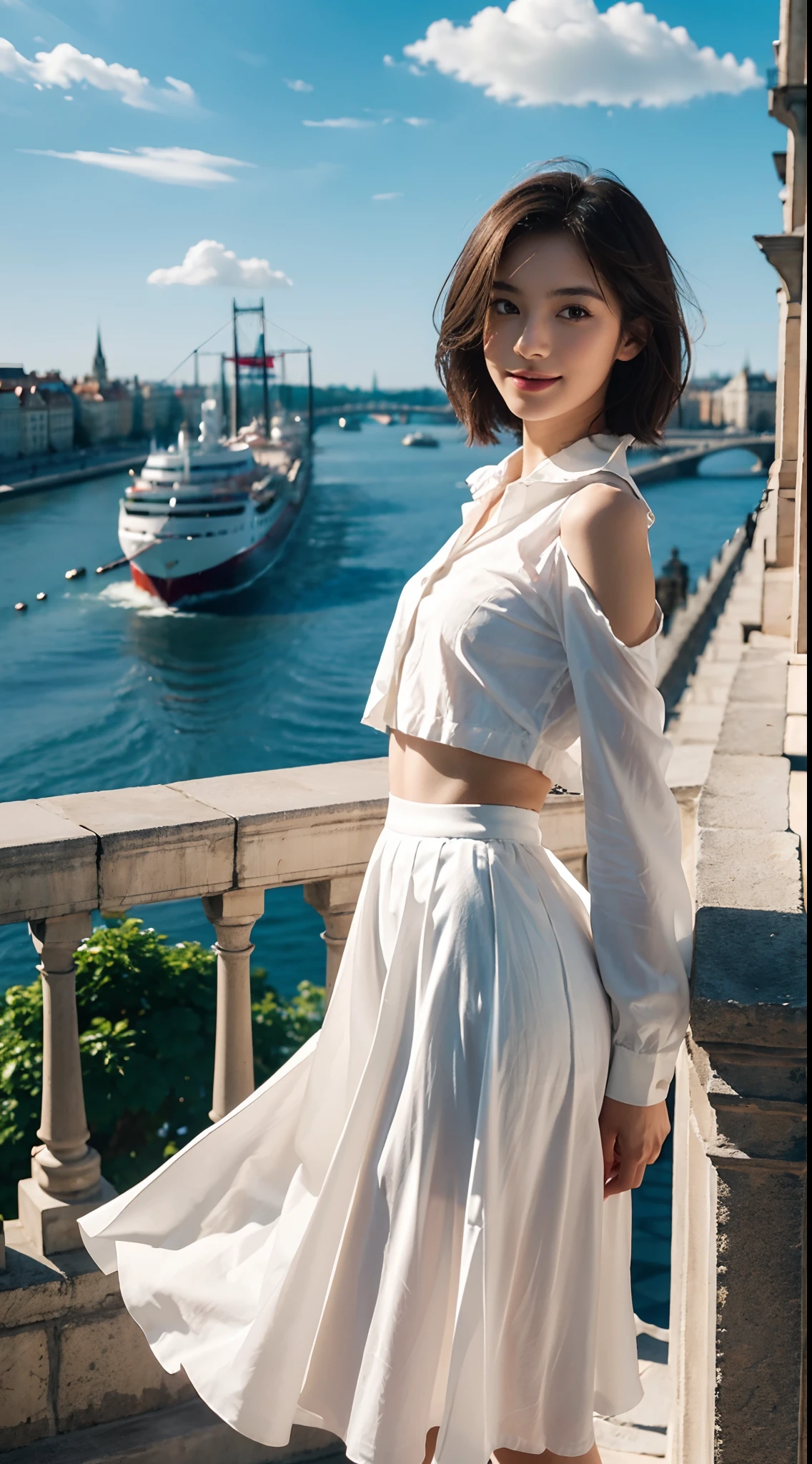 ((Small underboob)), (shoulder length straight  short hair: 1.2), （Extremely meticulous CG 8k wallpaper），（Extremely refined and beautiful），（Masterpiece），（best qualtiy：1.0），（Ultra High Resolution：1.0），beautiful light up，Perfect lightning，realistic shaded，[A high resolution]，Smooth and flawless fair skin，Extremely exquisite facial details，（perfect body：1.1），ultra - detailed，A beautiful girl，small head，(Small breasts:1.1)，Flat chests，slim，thin，Smile，cheerfulness，（white collared long sleeved shirt:1.1），（Red Maxi pleated long skirt：1.2），crystal high heels，Summer，Daytime Scene,azure sky，clean clouds，In Budapest，in castle，On the high tower of the castle，Standing，Below the castle is a classical European town，Close Shot，Hair and skirt fluttering in the wind