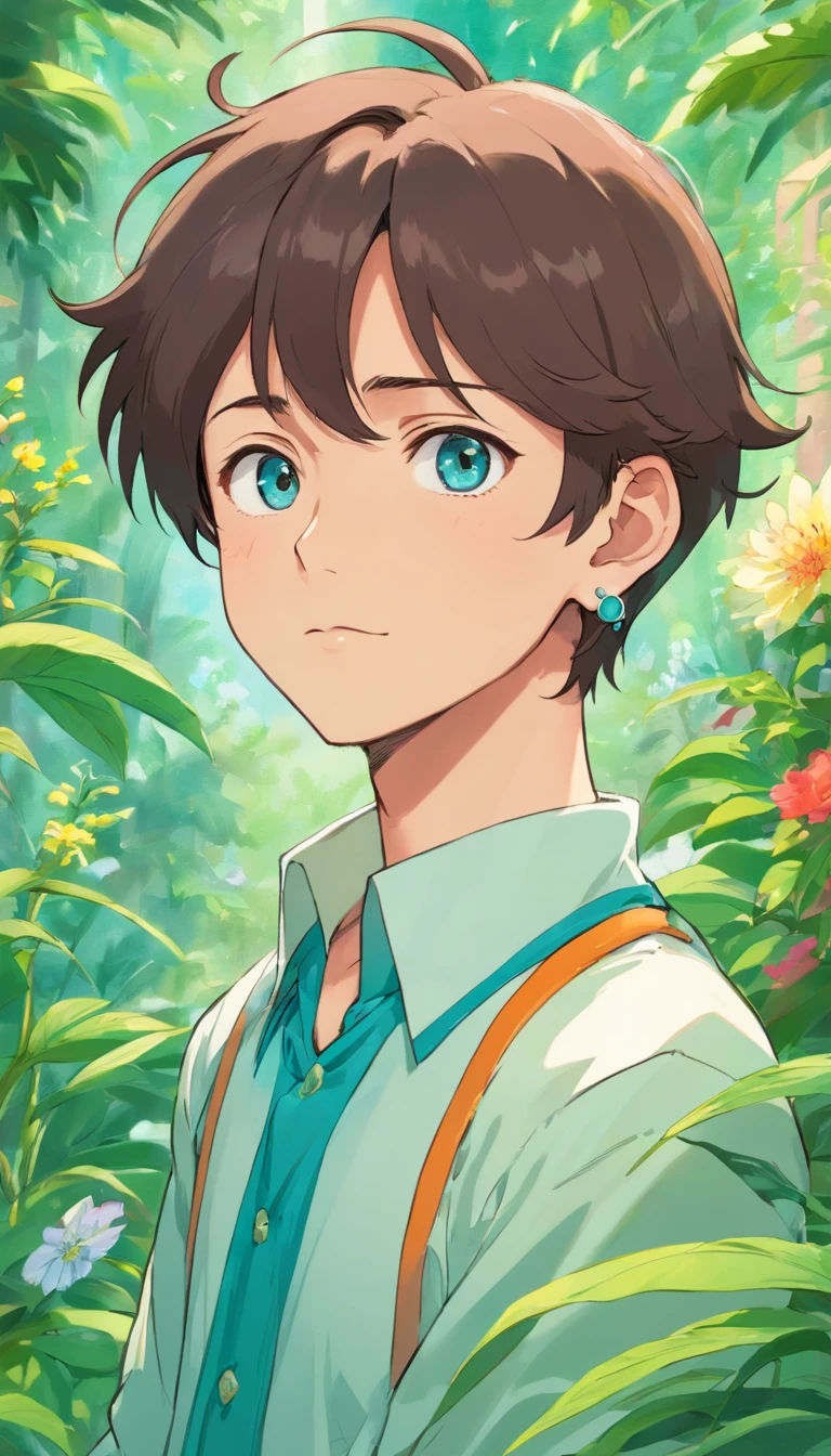 a boy wearing an anime collar, a long necklace and earrings, in the style of tranquil gardenscapes, colorful animation stills, masami teraoka, aquamarine, paul gauguin, Embry style, honest portrayal, create character design sheet, different poses, different angles.