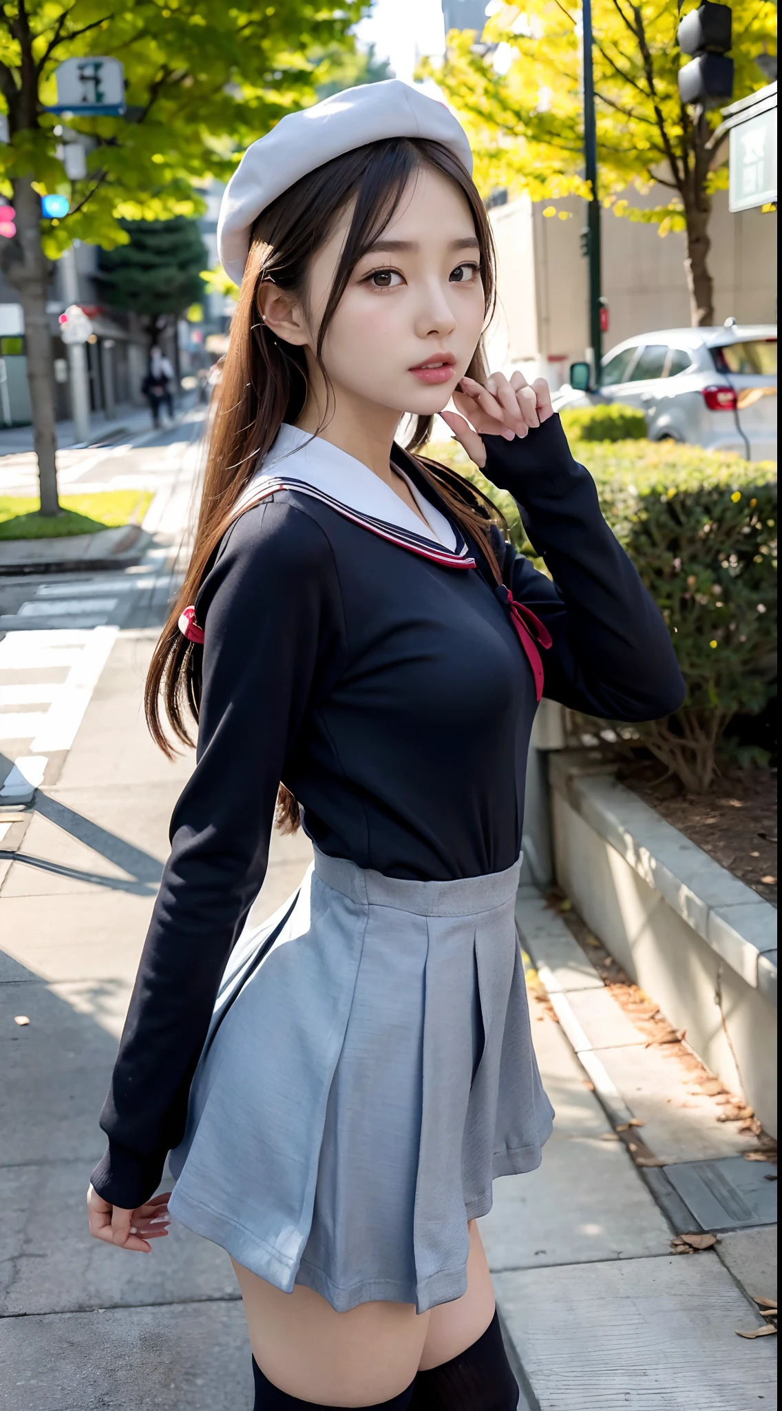 mix4, (16 K, Raw photography, Top image quality, ​masterpiece: 1.45), (realisitic, Photorealsitic: 1.37), one girls, 7．5, etc、Standing figure，Noon time slot、cute little, A city scape,, profetional lighting, photon maping, Cityscape with street trees, physically-based renderingt, Gradient dark brown hair,, a handsome, Well-groomed and beautiful eyes、Large double eyelids、Very shiny、girl with, (((student clothes、Long sleeve sailor suit worn by Japan schoolgirl、red cuffs、Dark blue mini skirt, Small gray beret、Dark blue knee-high socks、Black loafers))), Top Quality Photos, hight resolution, 1080p, (clearface), (Detailed face description), (Detailed hand description), (​masterpiece), (Exquisite CG)、extreme light and shadows、dishevled hair、master work、abundant detail、(Fine facial features)、(top quality photo)、(masuter piece)、(A detailed eye)、Look in front of you、Fine clavicle、((Slender big))、(((Japan schoolgirl in long-sleeved sailor suit)))、((Ready Idol System))、((Boulevard with street trees、Roads at the scramble intersection))、(Shooting from random perspectives)、(((Anyway cute)))、耳Nipple Ring、A big smile、Drawing the whole body from the knees、Do not draw nasolabial folds、(((Long-sleeved sailor suit)))、(Big breasts that hang down big:1.2)、Big buttocks with tension、Two arms and two legs、(((from the front side:0.5)))、bare hand、No mask