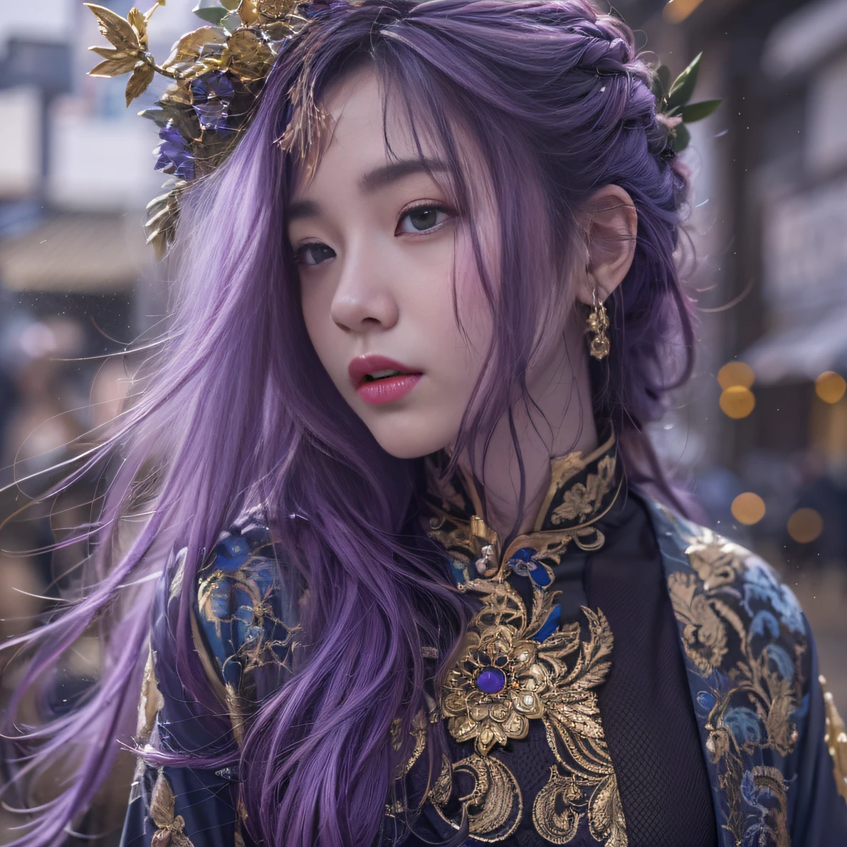 Genki Girl 32K（tmasterpiece，k hd，hyper HD，32K）Long flowing bright purple hair，Autumn Pond，zydink， a color， Asian people （Genki girl）， （Silk scarf）， Combat posture， looking at the ground， long whitr hair， Floating bright purple， Fire cloud pattern gold tiara， Chinese long-sleeved gold silk garment， （Abstract metaverse splash：1.2）， white backgrounid，Lotus vitality protector（realisticlying：1.4），Bright purple hair，Smoke on the road，The background is pure， A high resolution， the detail， RAW photogr， Sharp Re， Nikon D850 Film Stock Photo by Jefferies Lee 4 Kodak Portra 400 Camera F1.6 shots, Rich colors, ultra-realistic vivid textures, Dramatic lighting, Unreal Engine Art Station Trend, cinestir 800，A girl with long flowing bright purple hair