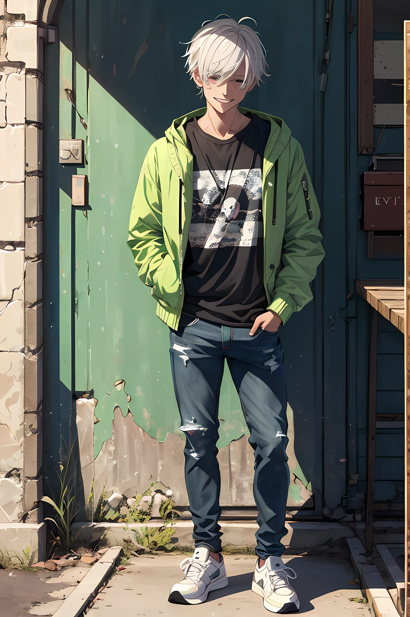 best quality,masterpiece,original,extremely detailed wallpaper,looking at viewer,1boy,solo,male,male focus, giggling,white hair,mssy hair,hair over eyes,black shirt,open jacket,light green jacket,black jeans,sneakers,standing,hood,