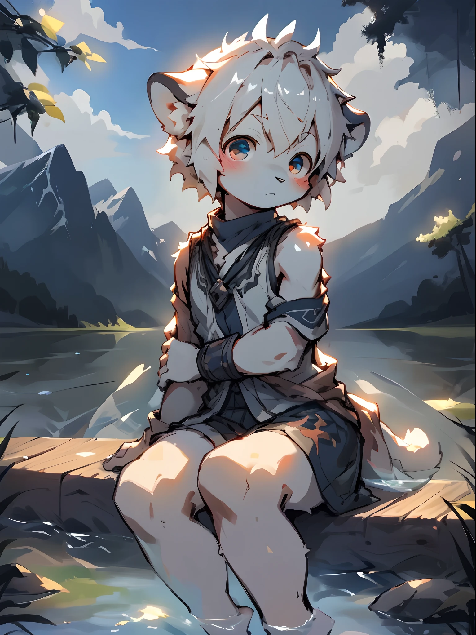 (8K,RAW photos,best qualtiy,tmasterpiece:1.2),absurderes,详细的脸,Sideslit,Detailed drawing,Clear detail,iintricate,cinematic ligh,Dim natural light,depth of fields,scenecy:janelas,sofe,ln the forest,wood,Lake,mountain in the distance,wide angles,(1boys),(Solo),Plain fragrance on the water,sitting before a table,Rest your head on your arm,Pondering,Furry boys,male people,by Pino Daeni, canyne khai, milkytiger1145, Dagasi, Yupa,