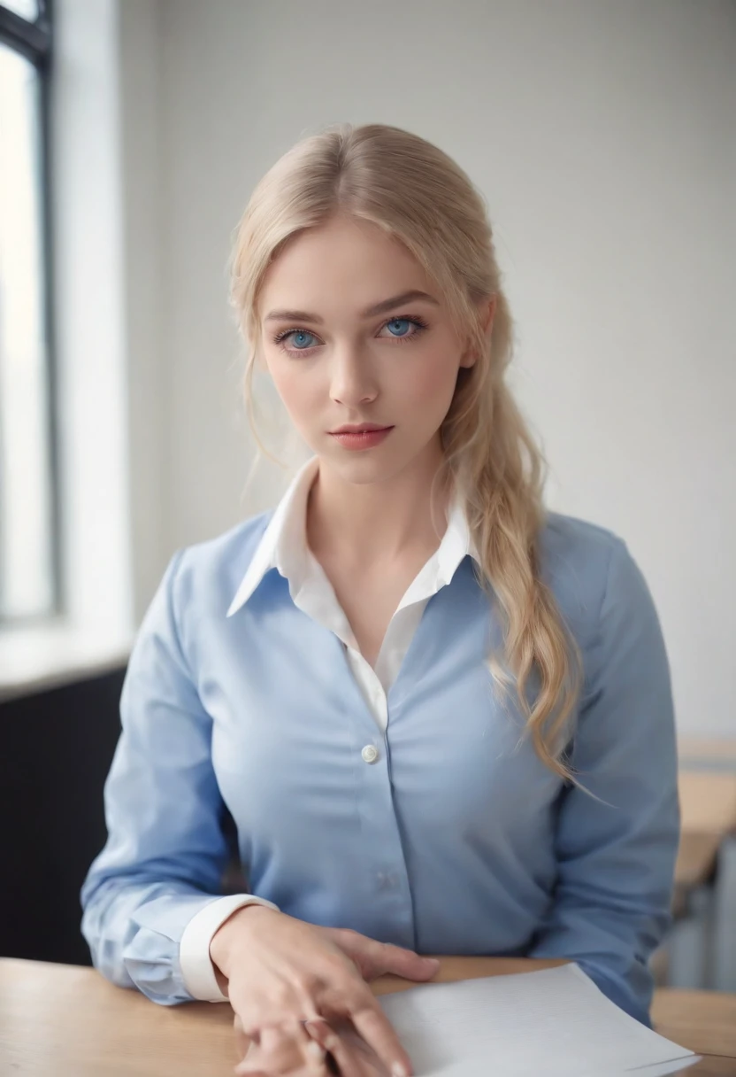 1 girl, hyperrealistic, school girl, uniform,20 years old, very beatifull,School uniform blue eyes, blonde hair, open legs,on desk, backround flue, 8k, touching legs, teen,cowboy shot
