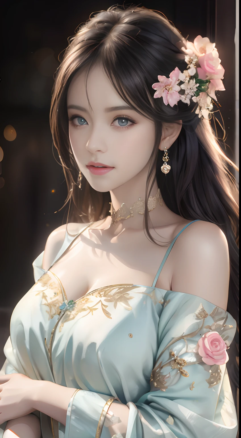 best qualtiy，tmasterpiece，A high resolution，1girll，Dingdall effect，realisticlying，edge lit，twotonelighting，（highdetailskin：1.2），8K  UHD，Pure，Sweet，Flower background，Colorful background，Based on physical rendering，Perfect light and shadow，extreme hight detail，Pink tones，Eye reflections，Raised sexy，perfect bodies，Superb beauty，largeeyes，long eyelasher，Delicate eyes，large shiny eyes，Minor pupillary reflexes，Shoulder and neck details，The pupil texture is delicate，Perfect eyes，Black pupils，best qualtiy，tmasterpiece，16k，A picture，head portrait，Bigchest，longer sleeves，Take care of your chest，Large breasts，Delicate avatar