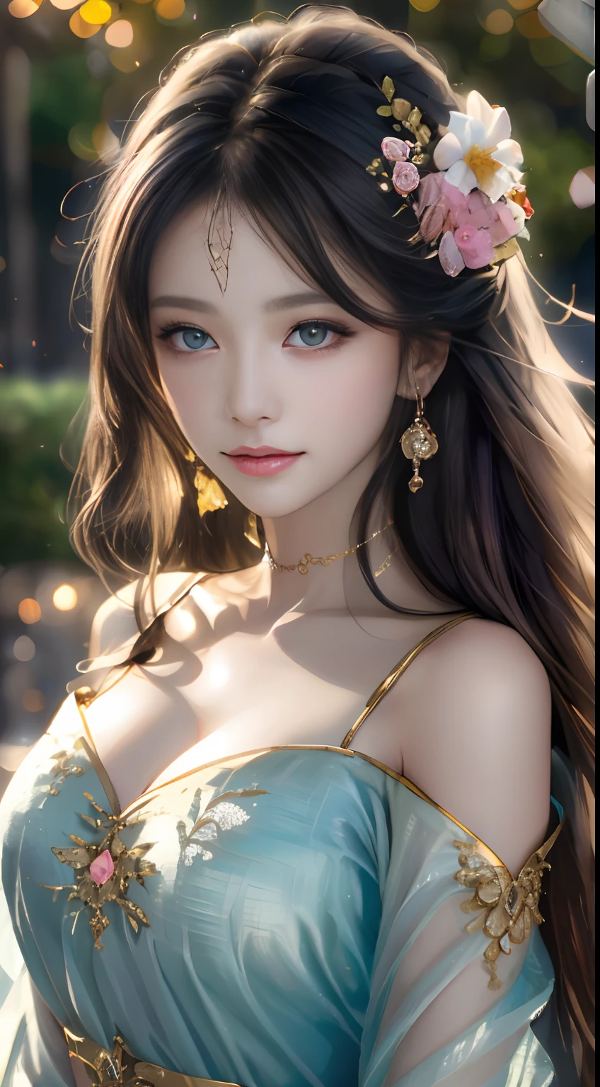 best qualtiy,tmasterpiece,A high resolution,1girll,Dingdall effect,realisticlying,edge lit,twotonelighting,(highdetailskin:1.2),8K UHD,Pure,Sweet,Flower background,Colorful background,Based on physical rendering,Perfect light and shadow,extreme hight detail,Pink tones,Eye reflections,Raised sexy,perfect bodies,Superb beauty,largeeyes,long eyelasher,Delicate eyes,large shiny eyes,Minor pupillary reflexes,Shoulder and neck details,The pupil texture is delicate,Perfect eyes,Black pupils,best qualtiy,tmasterpiece,16k,A picture,head portrait,Bigchest,longer sleeves,Take care of your chest,Large breasts,Delicate avatar