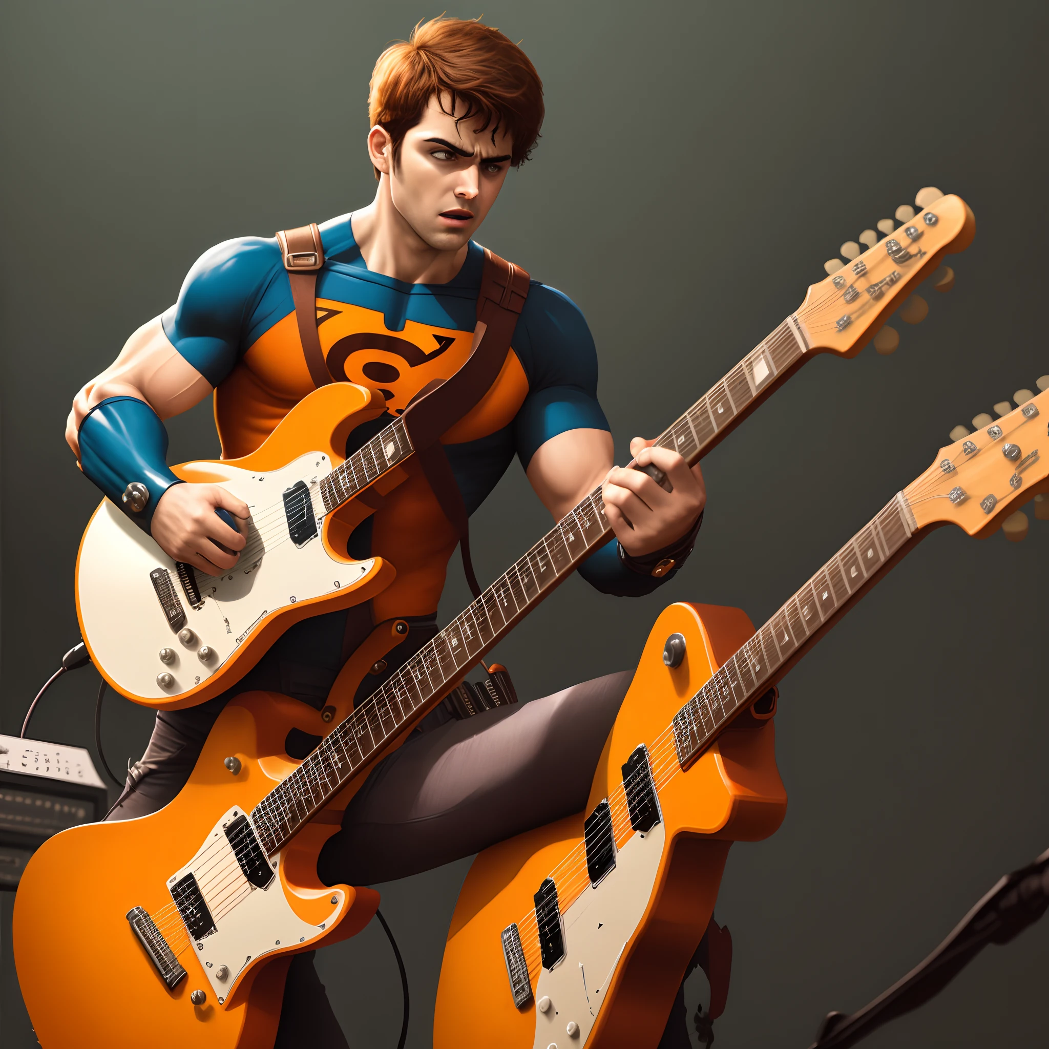 Generic superhero in brown and orange playing guitar
