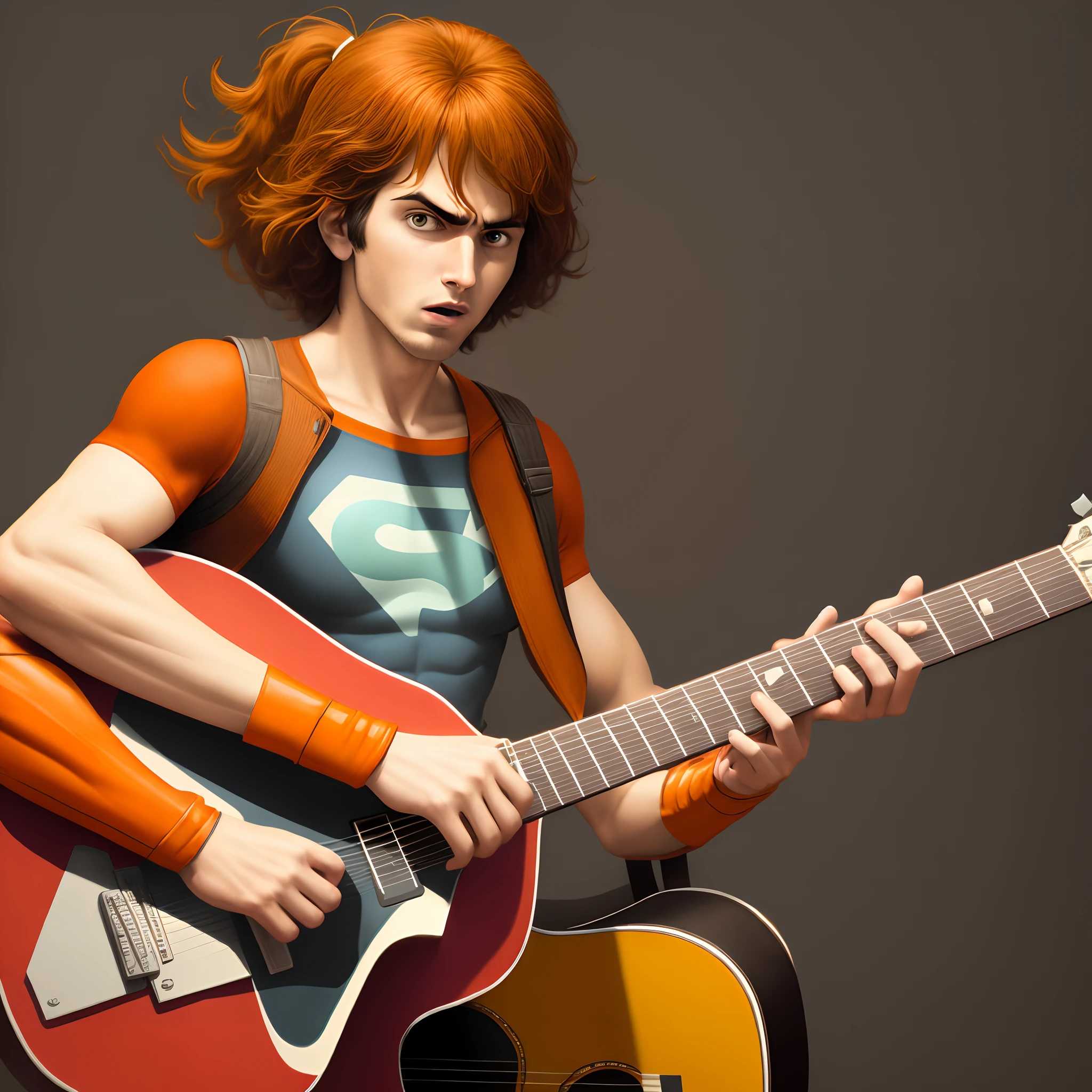 Generic superhero in brown and orange playing guitar