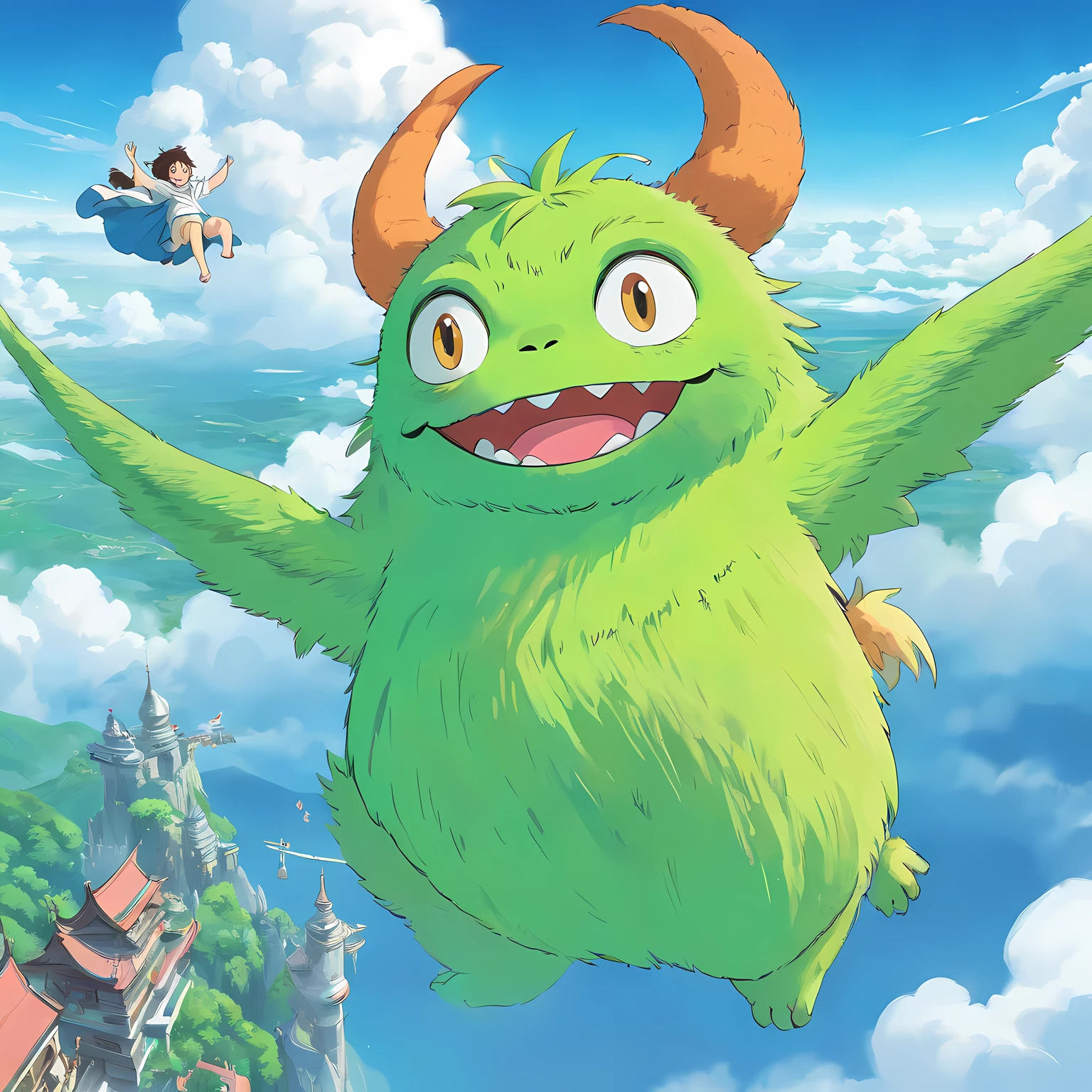 Ghiblis Towel Monster、Cute Monster、Green body、hairy、Flying in the sky、Fantastic background、Godlike beings in the Ghibli world、