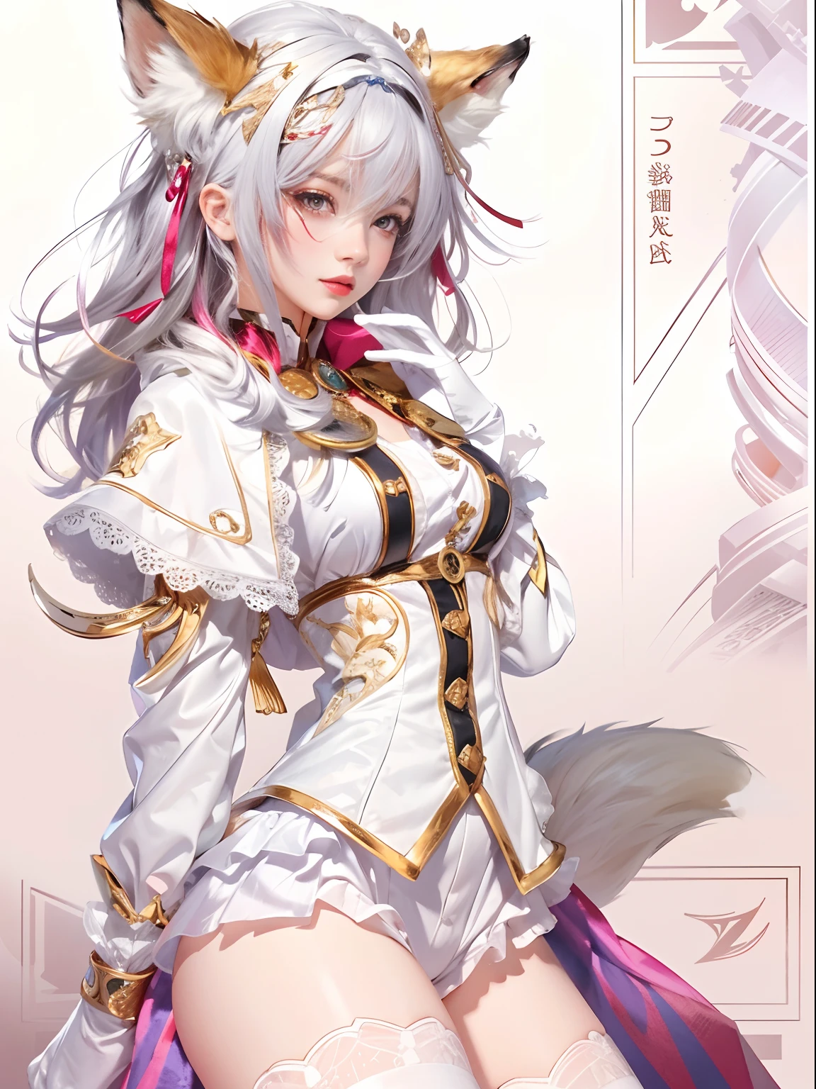 profile,Charter layout,full bodyesbian,Stand and pay attention,view the viewer,putdownhands,Fox girl,Flashy clothes,Detail Clothing,White background,White stockings