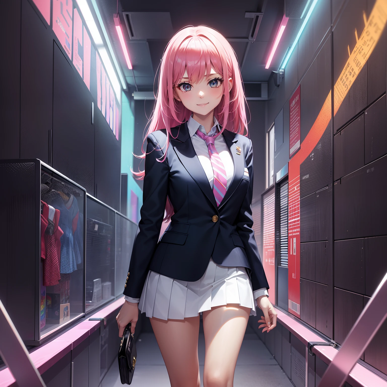 full body Esbian, masutepiece: 1.2, Highest Quality), (Live-action, elaborate details), (1 Lady, Solo, Upper body,) Clothing: Edgy, Navy Blazer, pink miniskirt, High School Uniform , Avant-garde, Experimental appearance: Long pink hair Location: School, crass room, Solo, Nice smile, spark of light, rainbows、brilliance、Value Creation in Mixed Media Art: individuality, authenticity, Creative expression