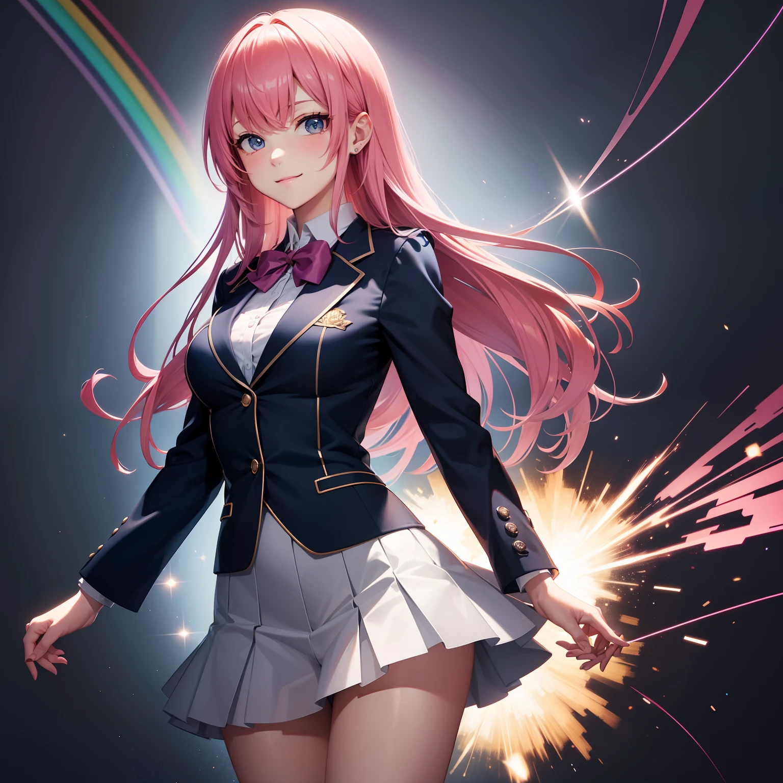 full body Esbian, masutepiece: 1.2, Highest Quality), (Live-action, elaborate details), (1 Lady, Solo, Upper body,) Clothing: Edgy, Navy Blazer, pink miniskirt, High School Uniform , Avant-garde, Experimental appearance: Long pink hair Location: School, crass room, Solo, Nice smile, spark of light, rainbows、brilliance、Value Creation in Mixed Media Art: individuality, authenticity, Creative expression