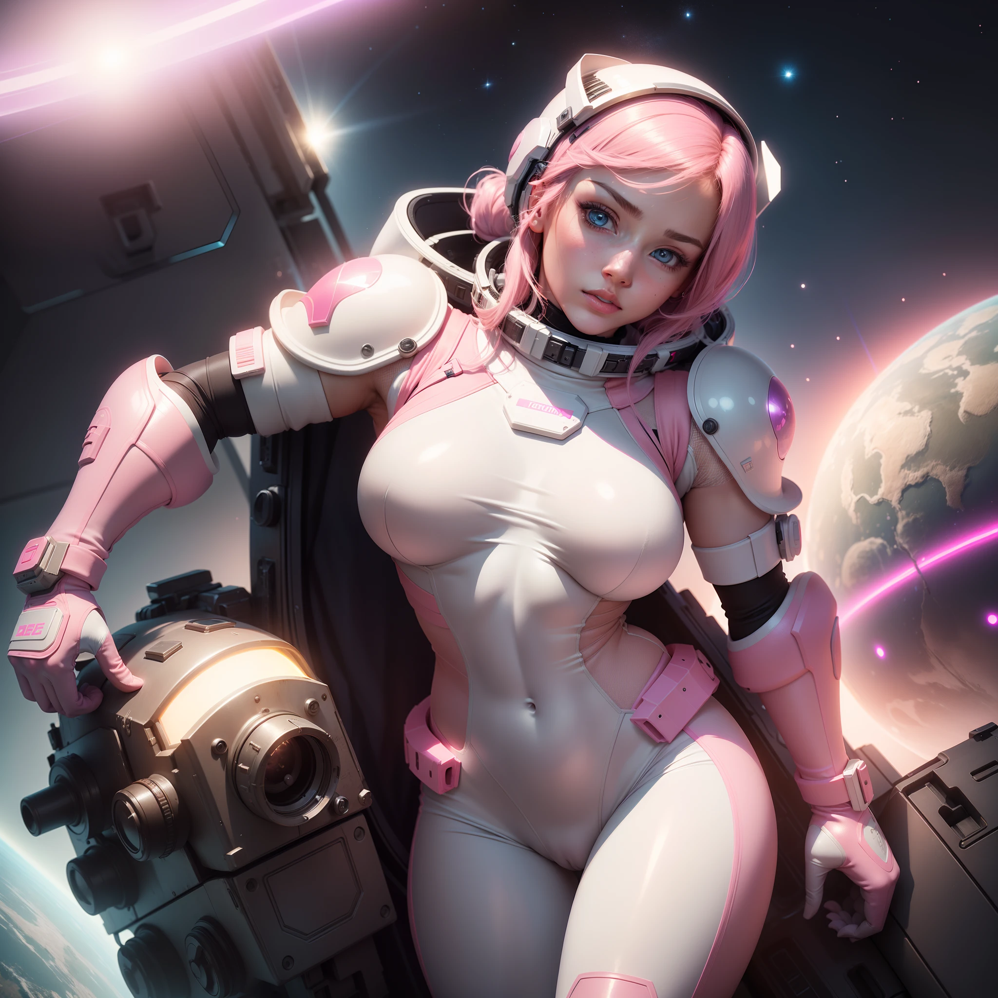 "(Highest image quality), (incredibly detailed), (photo-realistic:1.1) 1girl, depicting a female space marine cadet, skin tight skimpy see through space suit, breasts, white and pink space suit, glowing pink neon, erotic, seductive, sleek futuristic helmet, beautiful face, space, universe, strange planet."