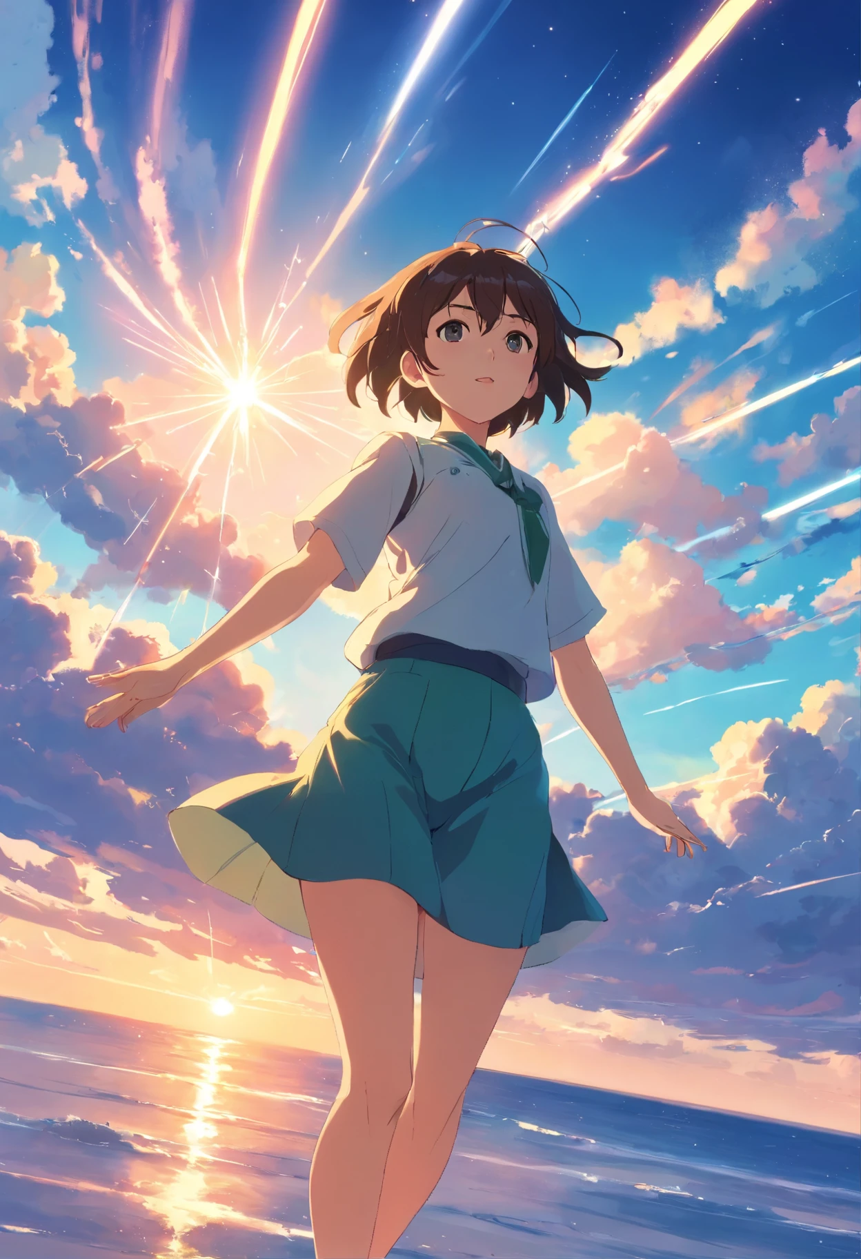 tmasterpiece,best qualtiy,cinematic Film still from,1girl,Cloud Girl,Frontal photo,Arms spread wide,Floating in the sky,closeup cleavage,brightly,cheerfulness,Warm and soft lighting,the sunset,(spark of light:0.7)