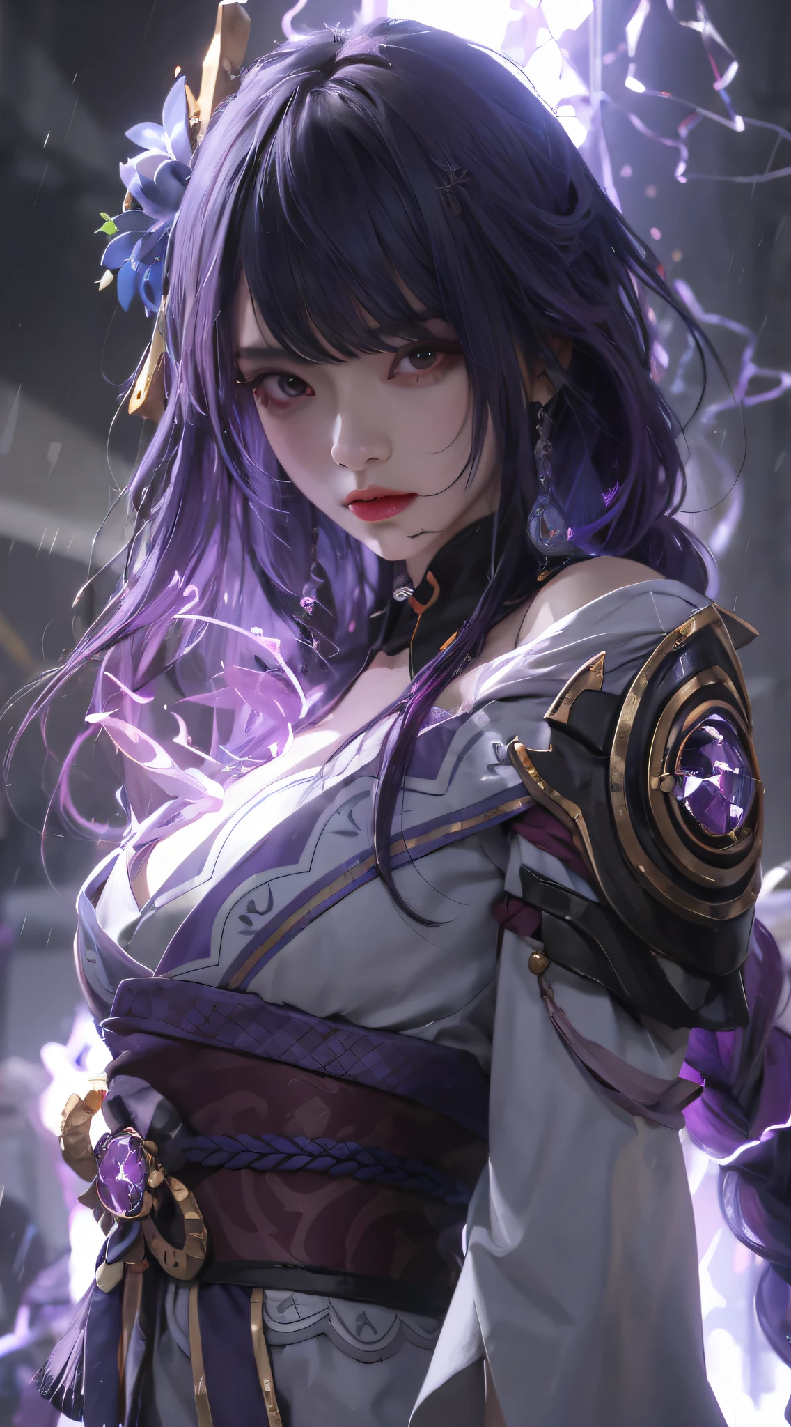 a close up of a woman with purple hair and a sword, Extremely detailed Artgerm, IG model | Art germ, Bright colors，vivd colour，Portrait Chevaliers du Zodiaque Fille, Detailed digital anime art, artgerm detailed, Art germ. High detail, Art germ. anime illustration, by Yang J, Art germ on ArtStation Pixiv, Ayaka Genshin impact